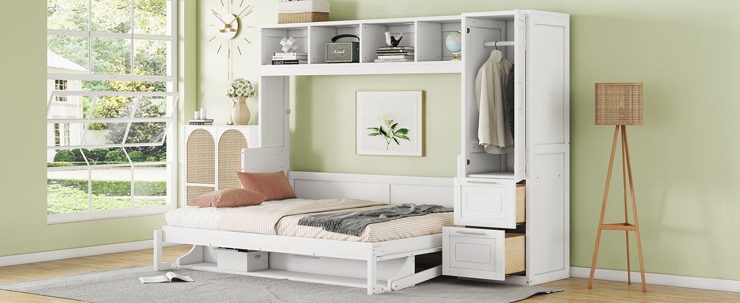 Full Size Murphy Bed Wall Bed with Closet and Drawers,White