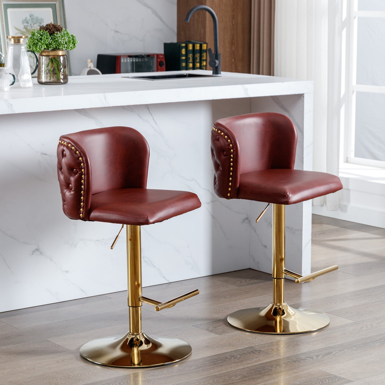 A&A Furniture,Swivel Barstools Adjusatble Seat Height, Modern PU Upholstered Bar Stools with  the whole Back Tufted, for Home Pub and Kitchen Island（Wine Red, Burgundy, Set of 2）