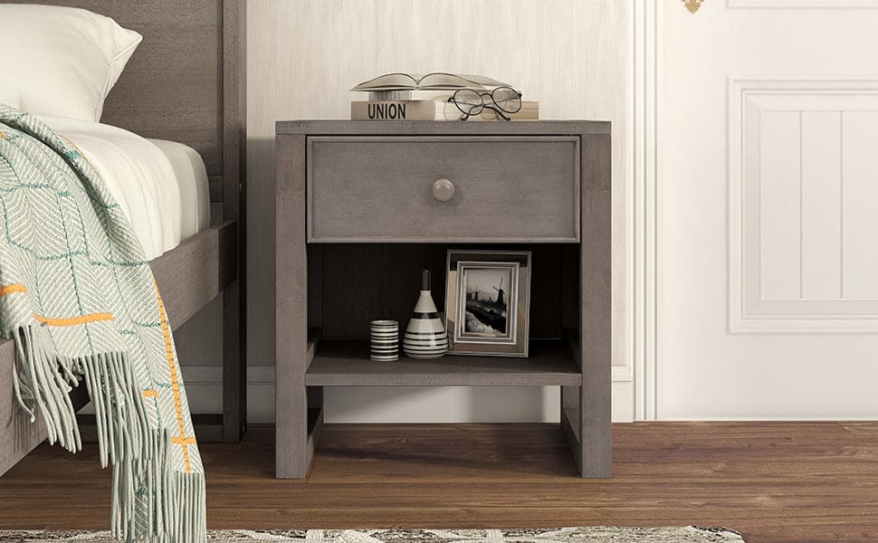 Wooden Nightstand with a Drawer and an Open Storage,End Table for Bedroom,Anitque Gray