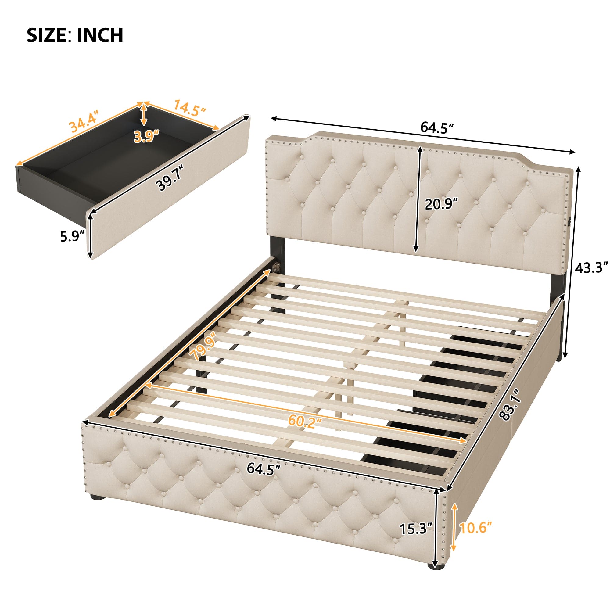 Queen Size Upholstered Platform Bed with 2 Drawers and 2 sets of USB Ports on each side, Linen Fabric, Beige