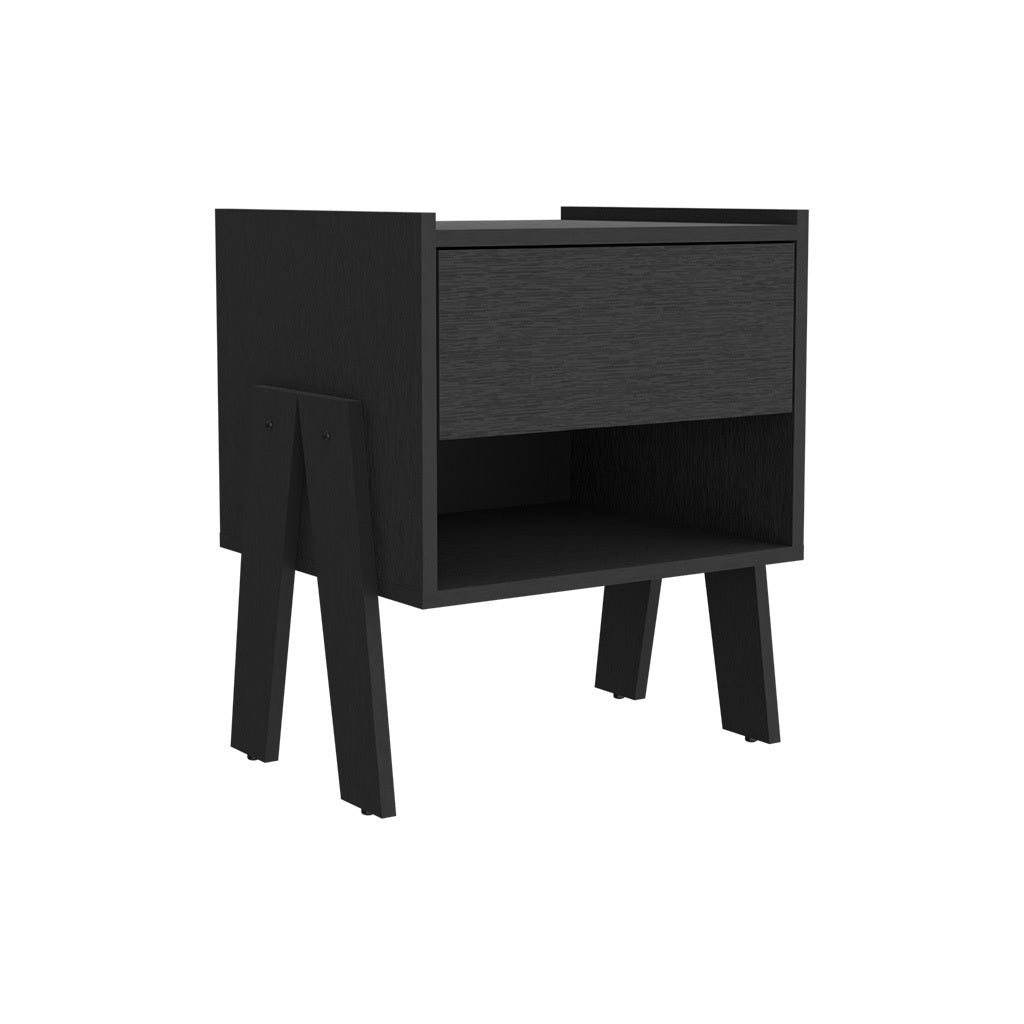 Nightstand Ferku, Open Shelf, One Drawer, Black Wengue Finish