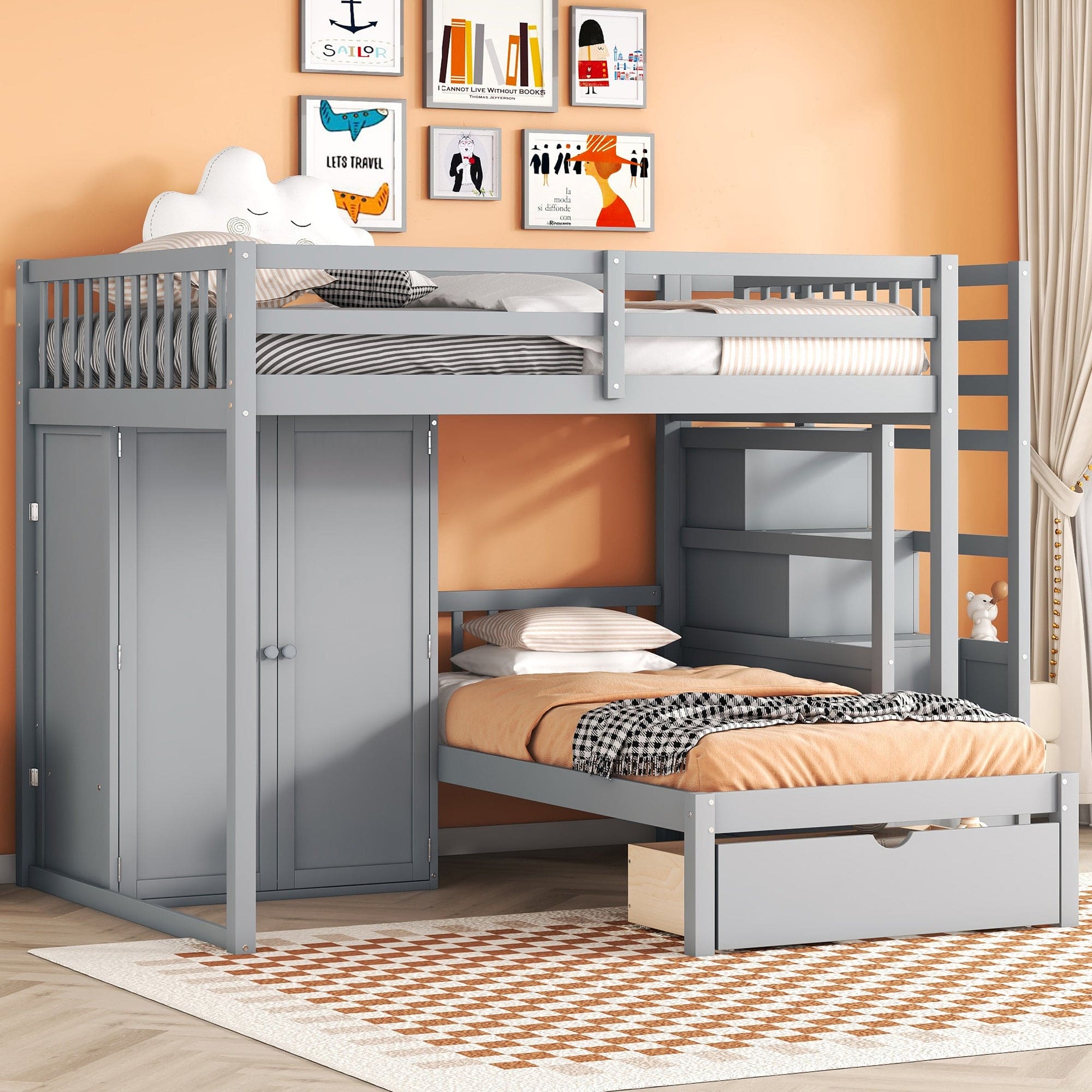 Full Over Twin Bunk Bed with Wardrobe, Drawers, Gray