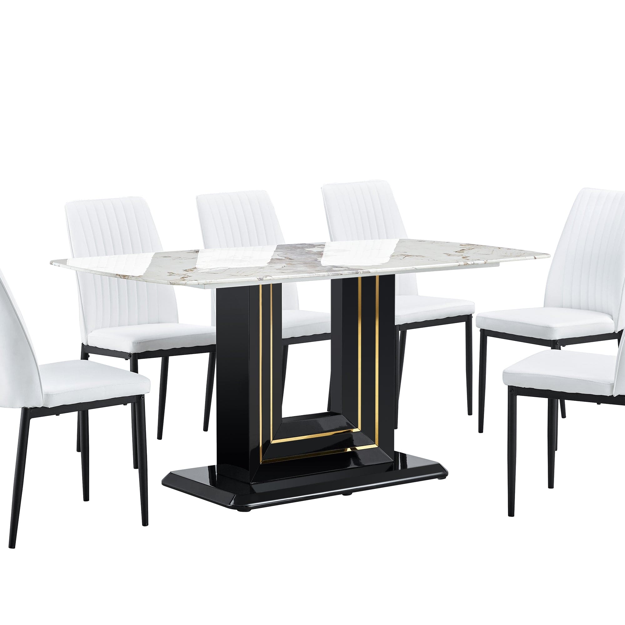 Faux Marble Dining Table Set, Glass Rectangular Kitchen Table for 6-8, Modern White Faux Marble Dining Room Table with MDF Base, Dining Table & 6 Chairs