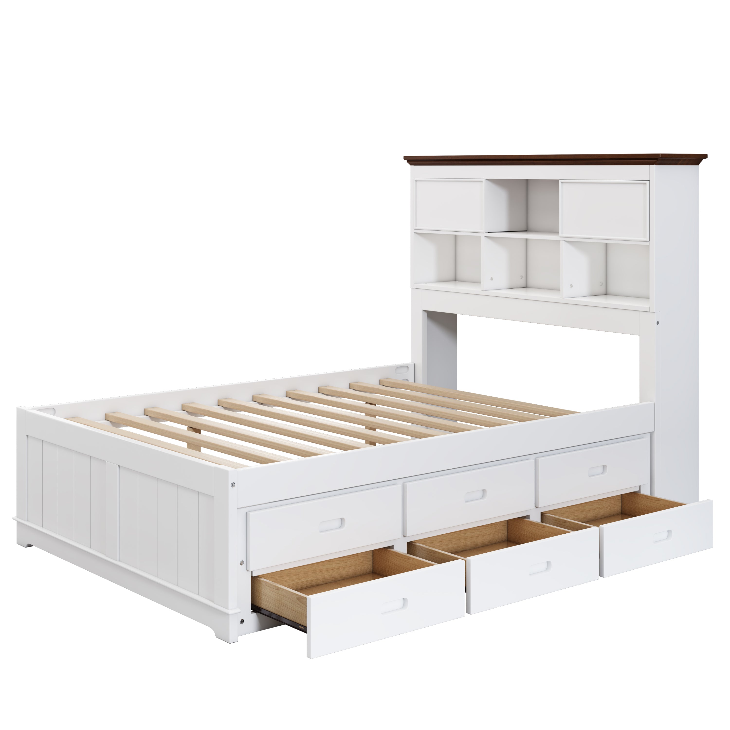 2 Pieces Wooden Captain Bedroom Set Full Bed with Trundle and Nightstand,White+Walnut