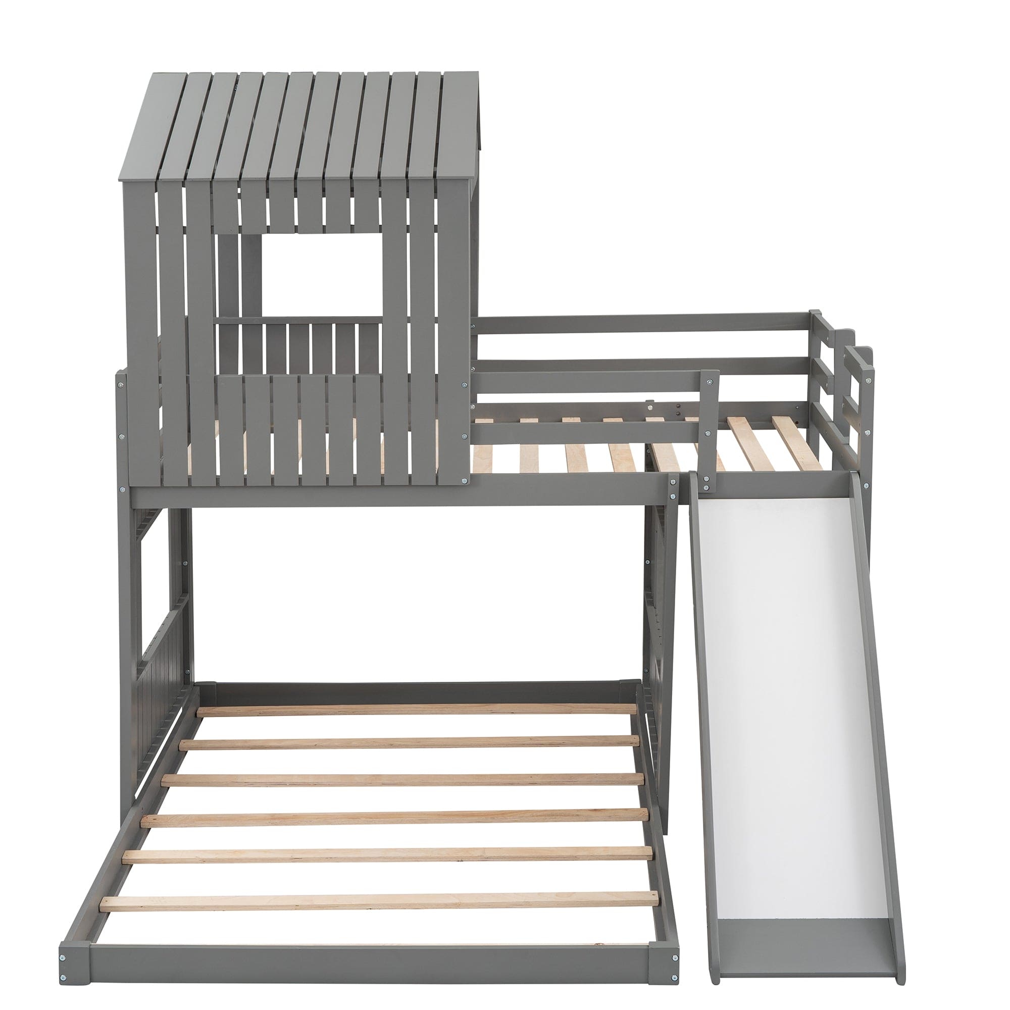 Wooden Twin Over Full Bunk Bed, Loft Bed with Playhouse, Farmhouse, Ladder, Slide and Guardrails, Gray(OLD SKU :LT000028AAN)