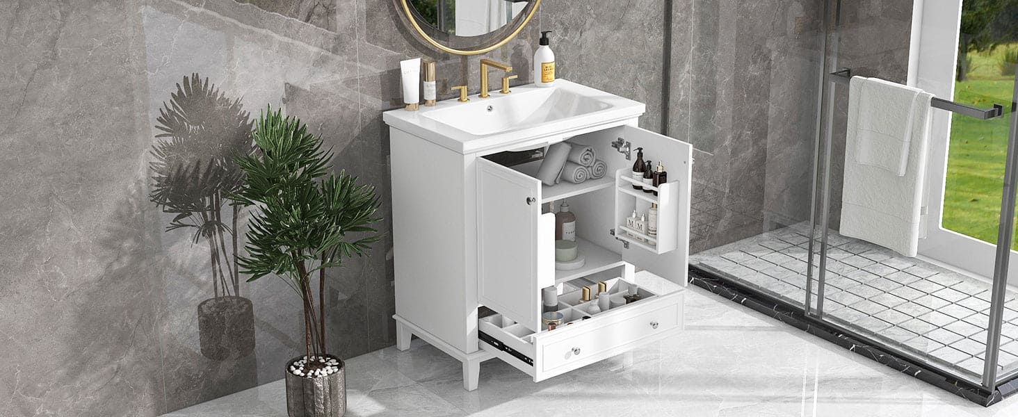 30" Bathroom Vanity with Sink Combo, Multi-functional Bathroom Cabinet with Doors and Drawer, Solid Frame and MDF Board, White