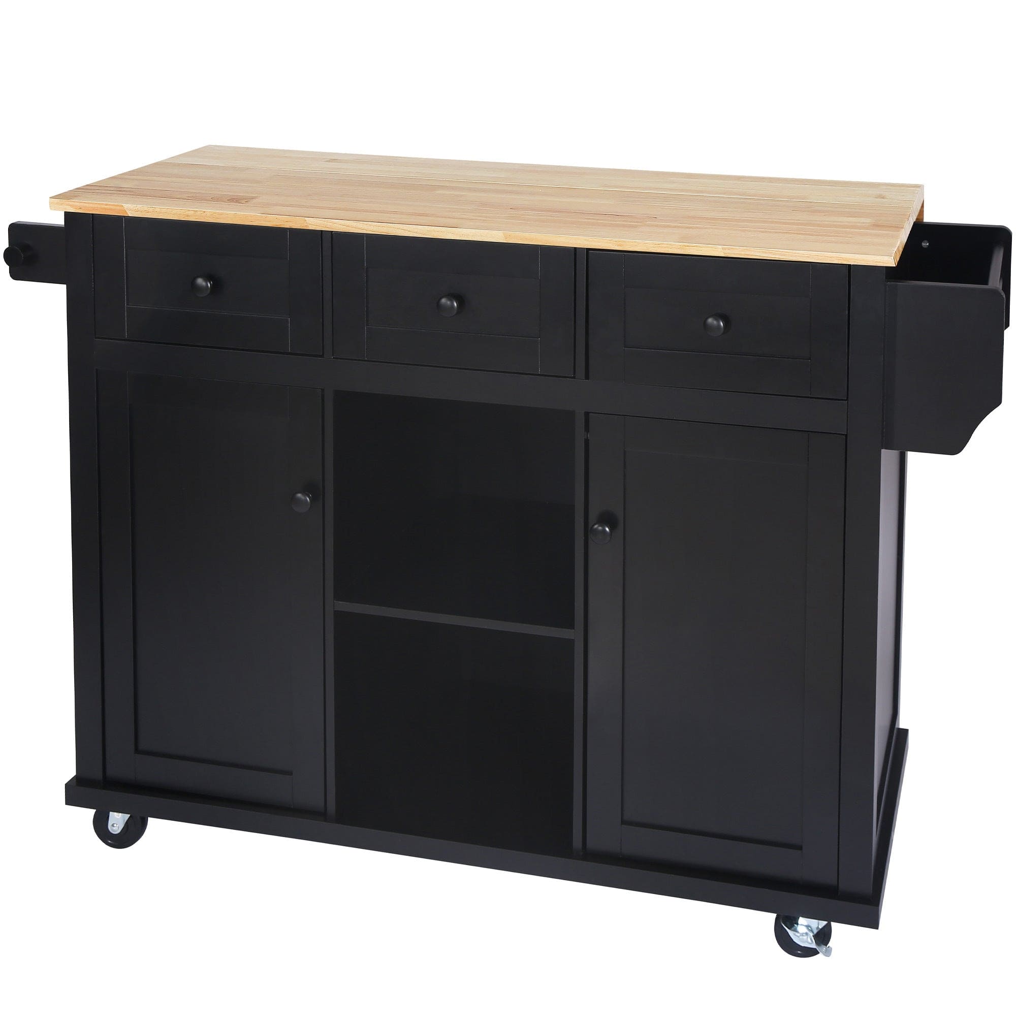 Kitchen Cart with Rubber wood Drop-Leaf Countertop ,Cabinet door internal storage racks,Kitchen Island on 5 Wheels with Storage Cabinet and 3 Drawers for Dinning Room, Black