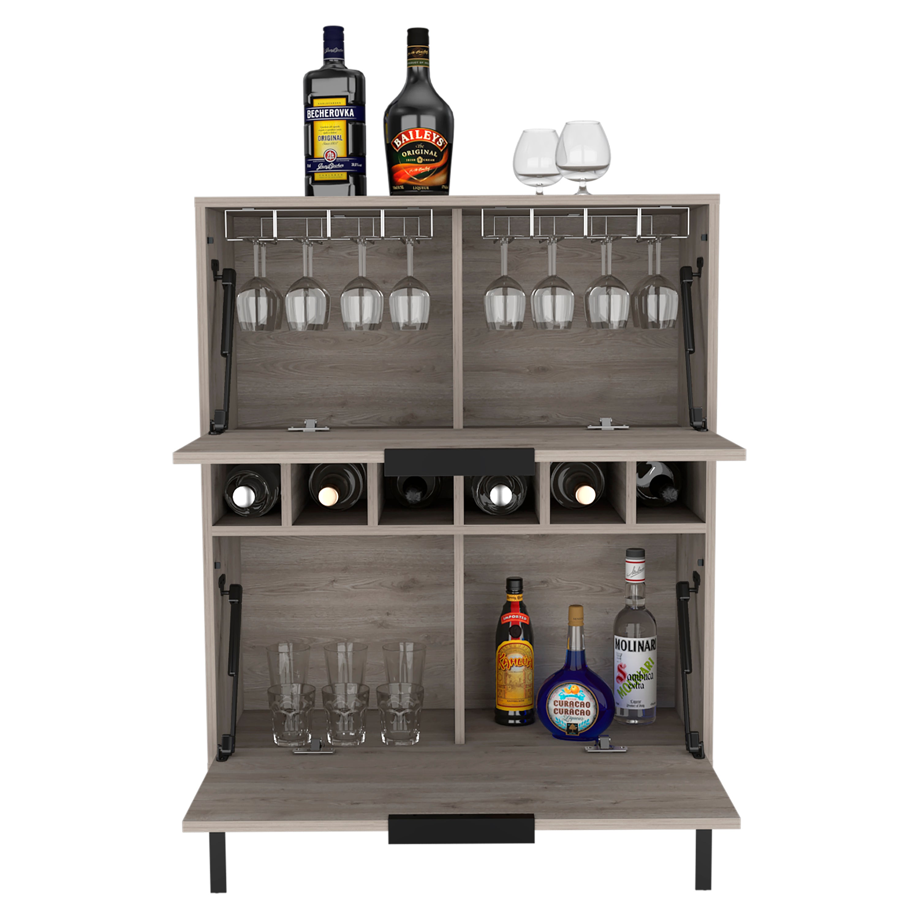 Bar Cabinet Puertu, Six Wine Cubbies, Double Door Cabinet, Light Gray Finish