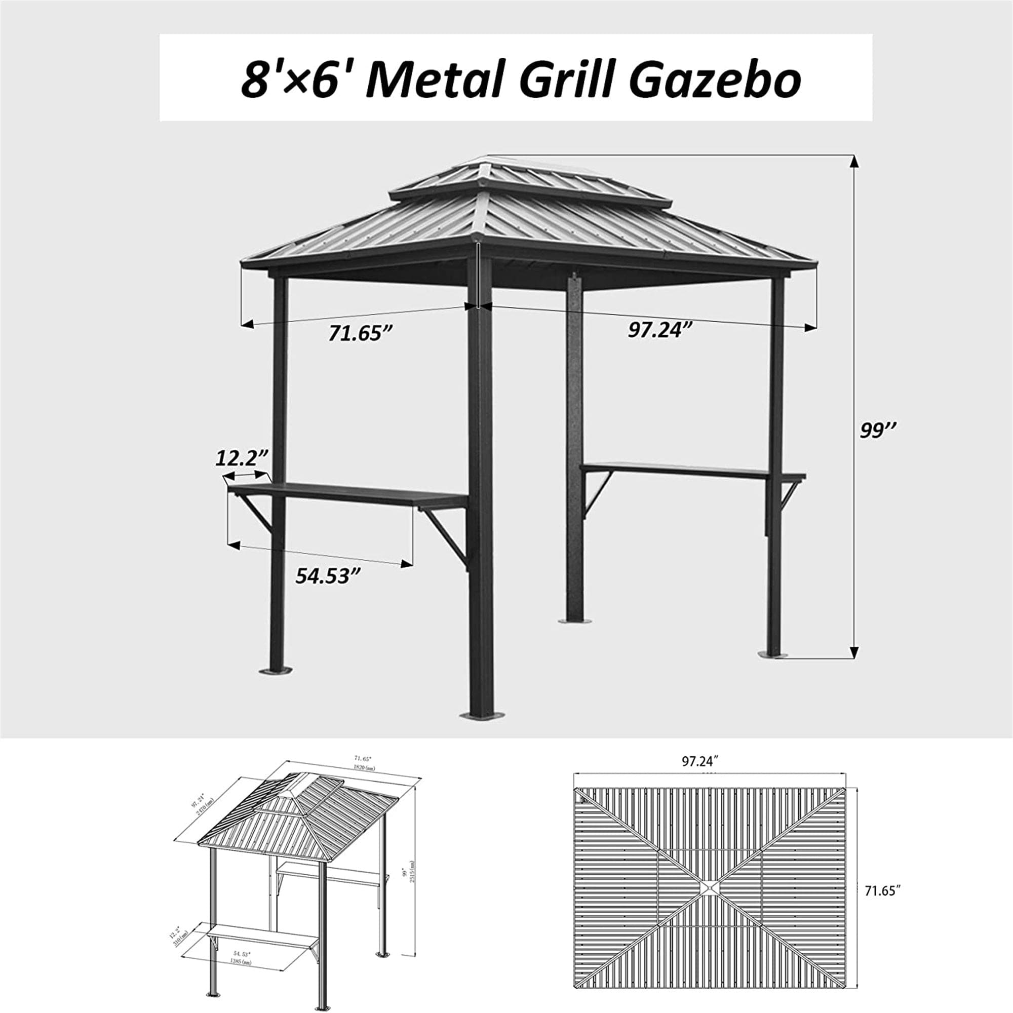 Grill Gazebo 8' × 6', Aluminum BBQ Gazebo Outdoor Metal Frame with Shelves Serving Tables, Permanent Double Roof Hard top Gazebos for Patio Lawn Deck Backyard and Garden (Grey)