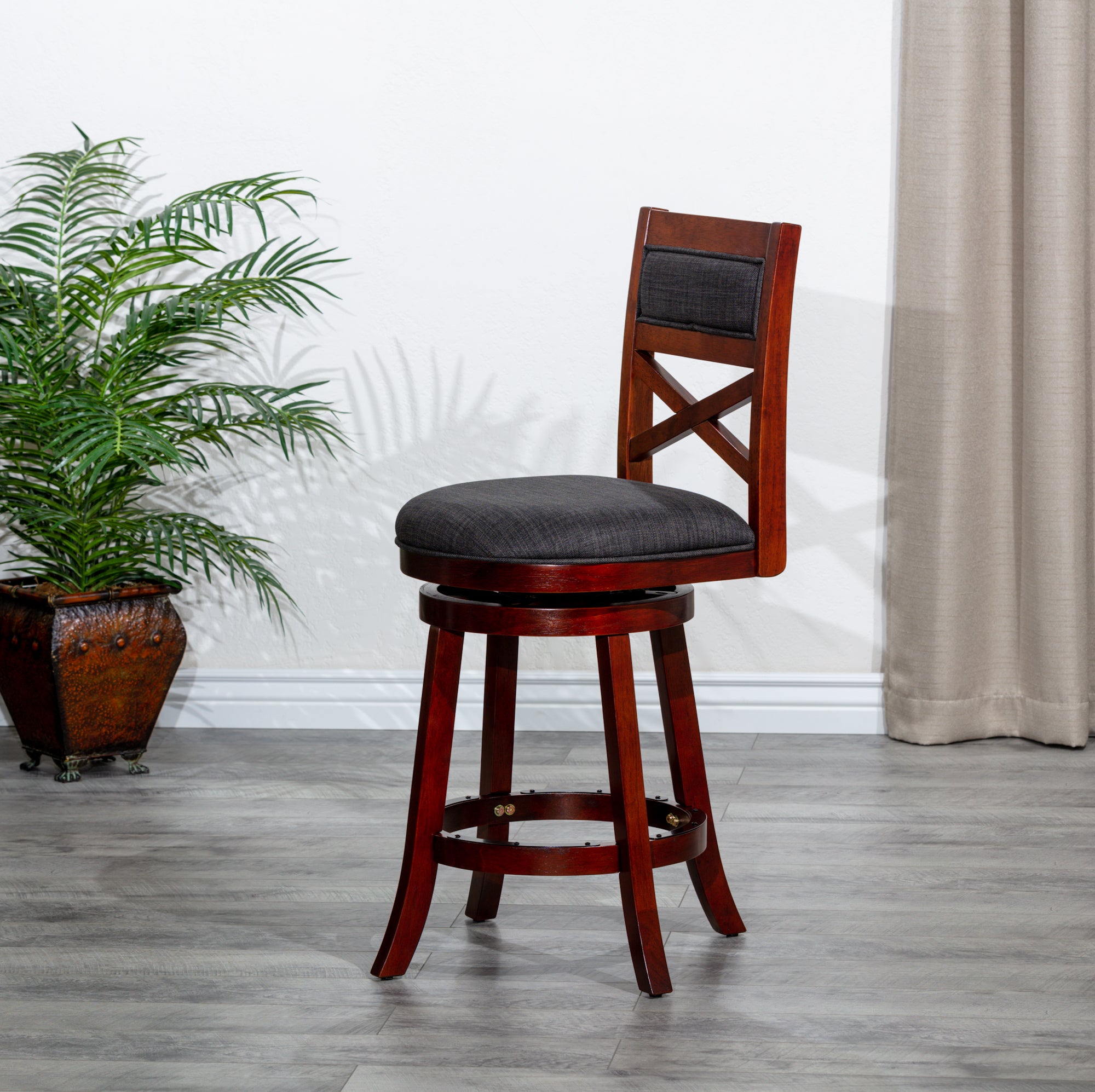 24" Counter Height X-Back Swivel Stool, Cherry Finish, Charcoal Fabric Seat