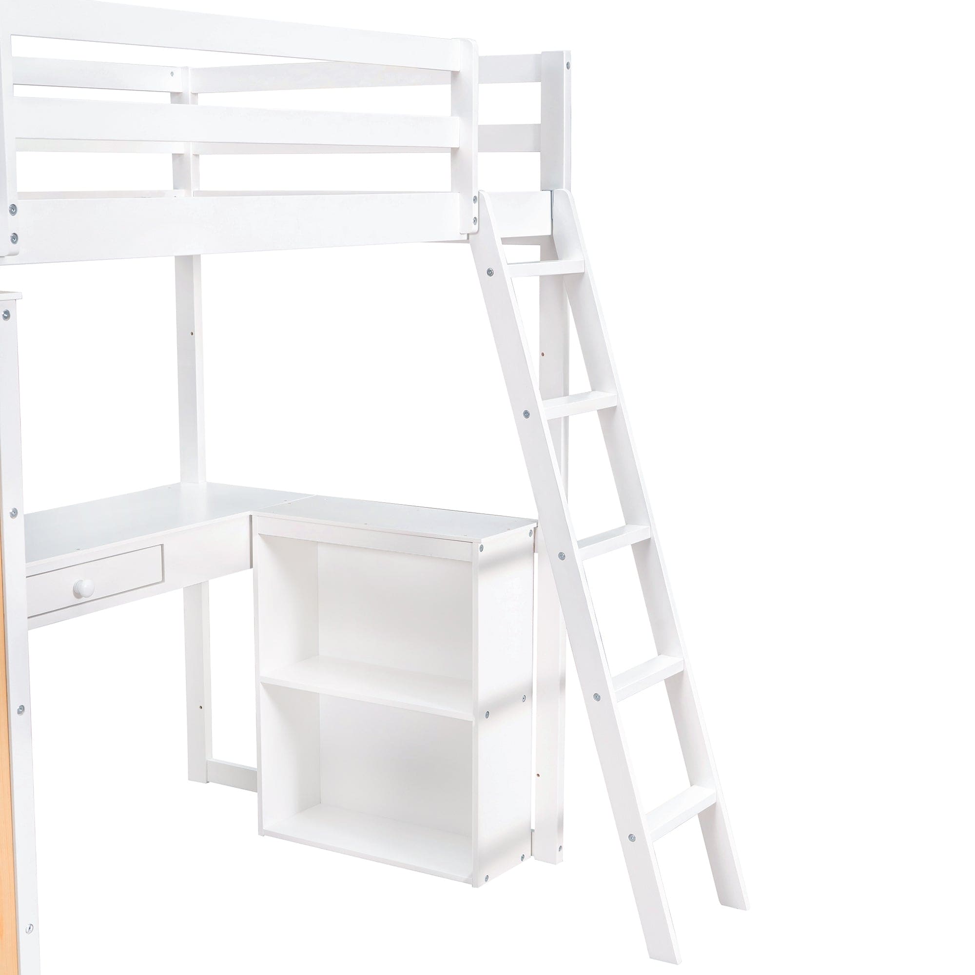 Twin Size Loft Bed with Ladder, Shelves, and Desk, White(OLD SKU:LT100225AAK)