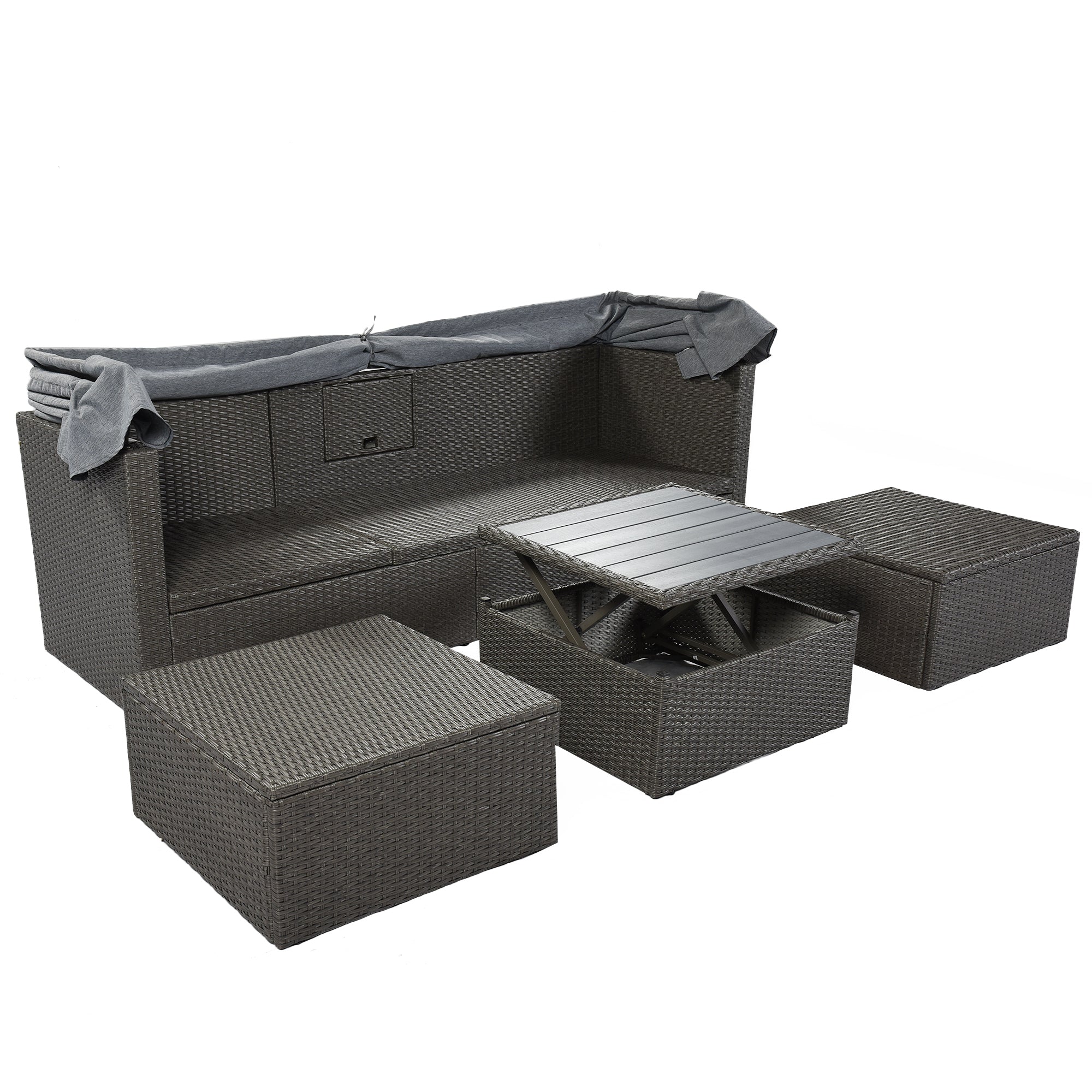 U_Style Outdoor Patio Rectangle Daybed with Retractable Canopy,  Wicker Furniture Sectional Seating with Washable Cushions, Backyard, Porch(As same as WY000263AAE)