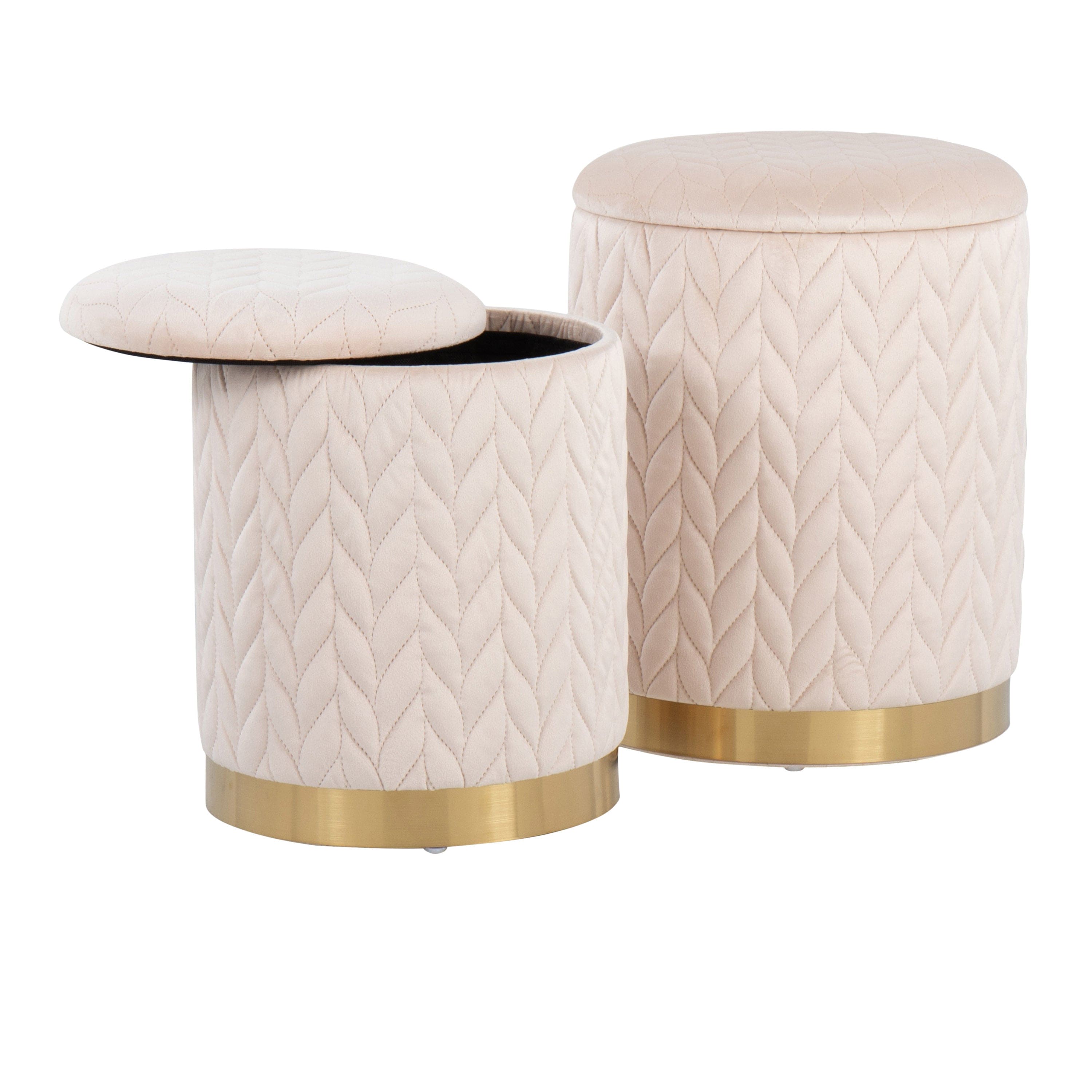 Marla Contemporary/Glam Quilted Ottoman Set in Gold Metal and Cream Velvet by LumiSource