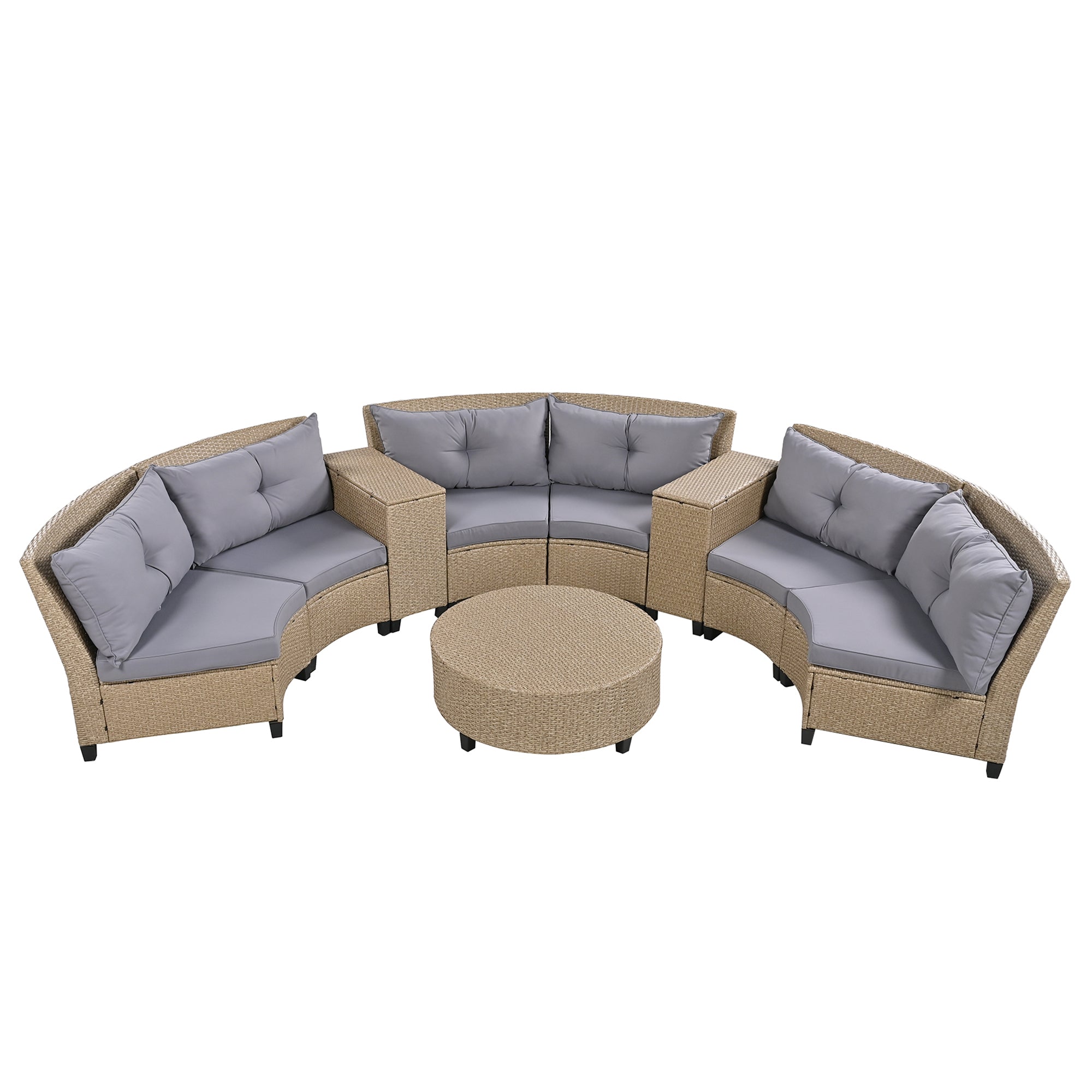 [VIDEO provided] U_Style 6 - Person Fan-shaped Rattan Suit Combination with Cushions and Table,Suitable for Garden