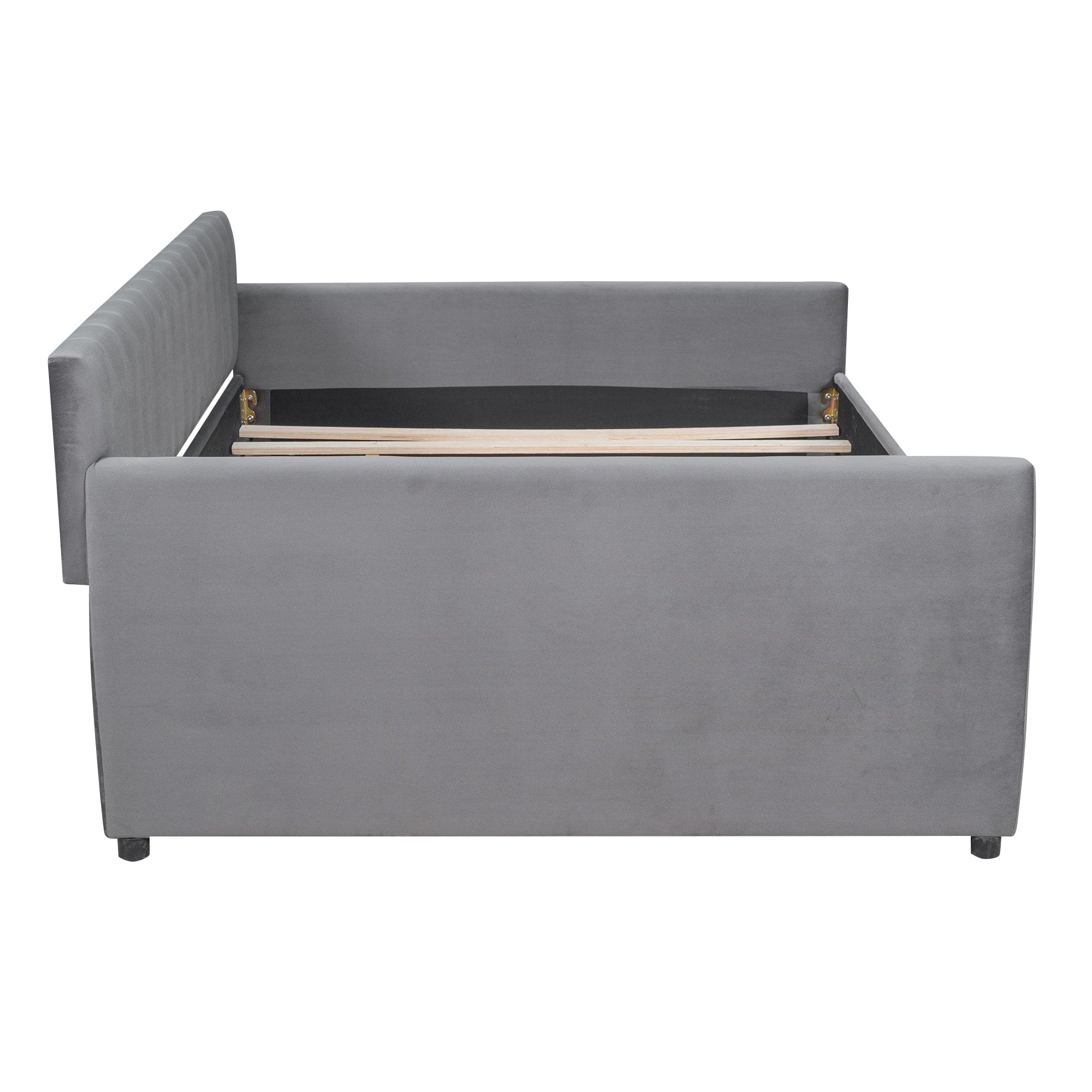 Full Size Upholstered daybed with Trundle and Wood Slat Support, Gray