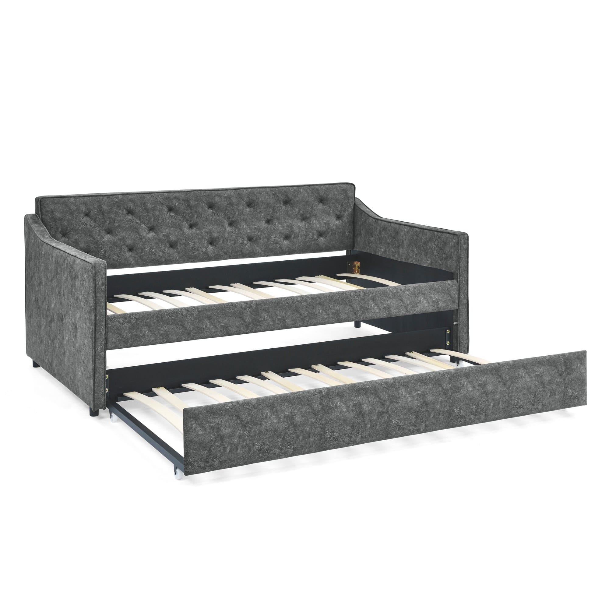 Twin Size Daybed with Twin Size Trundle Upholstered Tufted Sofa Bed,  Waved Shape Arms, Grey (80.5"x44.5"x33.5")