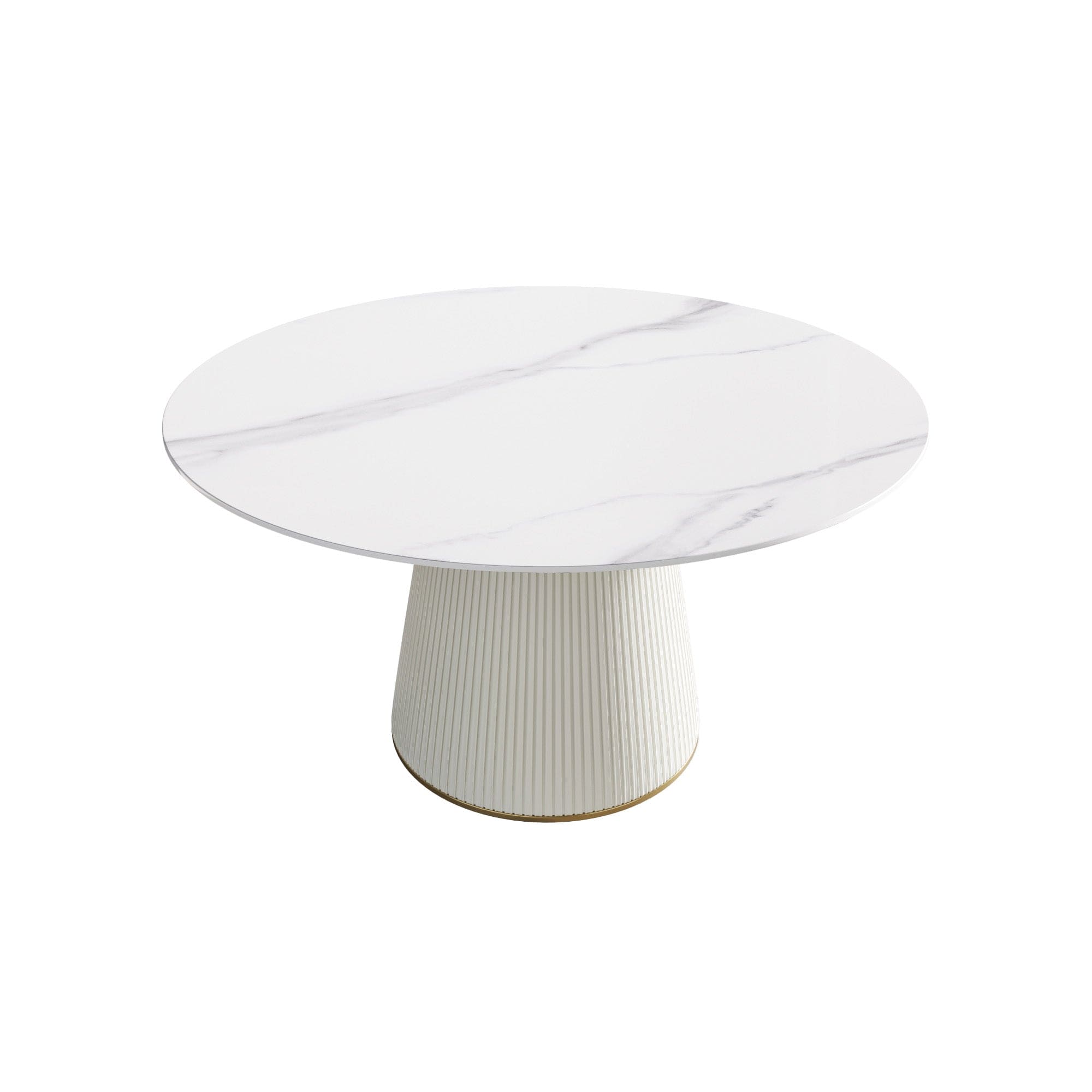 53.15 "Modern white artificial stone round beige plywood PU base dining table-can accommodate 6 people. (Not including chairs. )