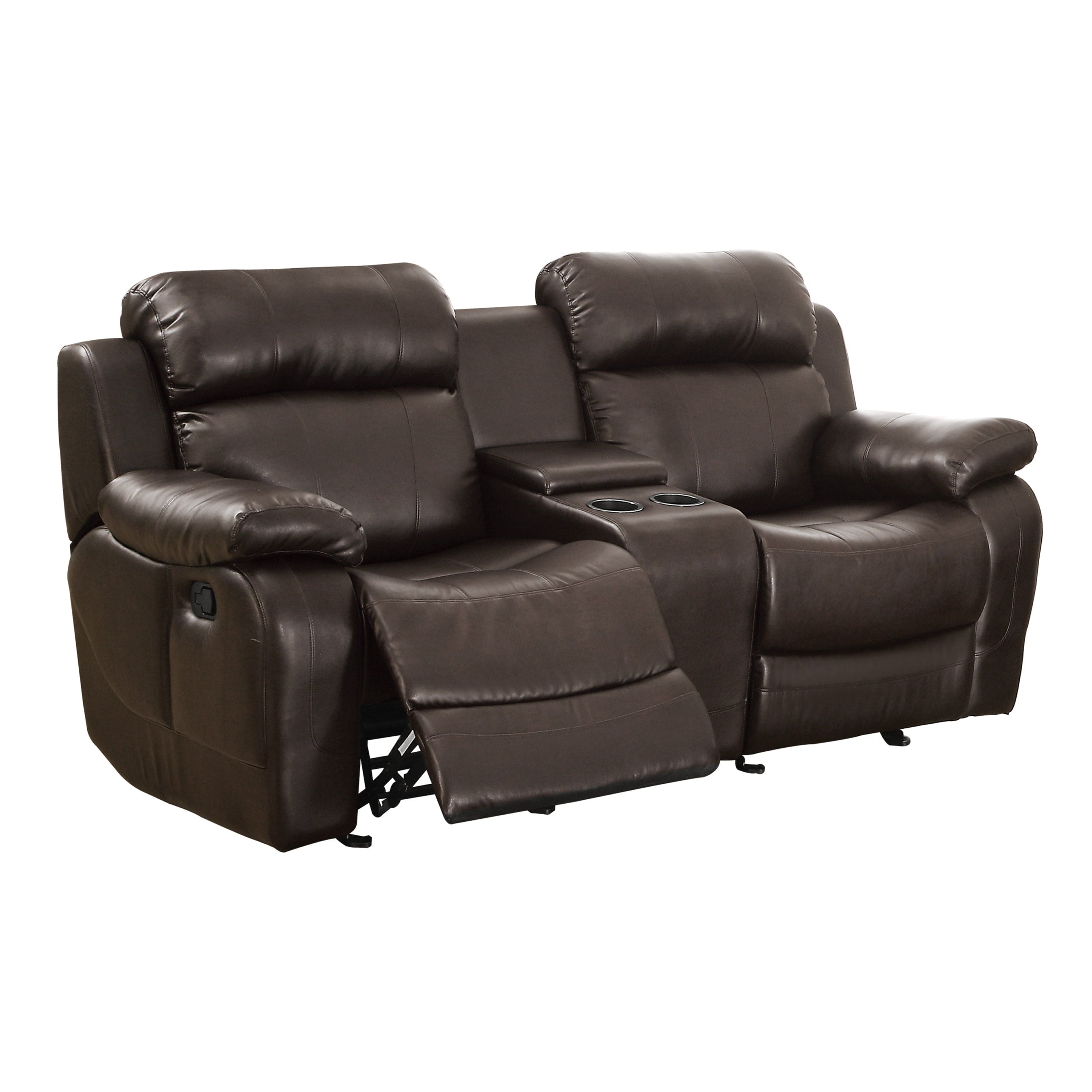 Double Glider Reclining Love Seat with Center Console Brown Faux Leather Upholstered Contemporary Living Room Furniture