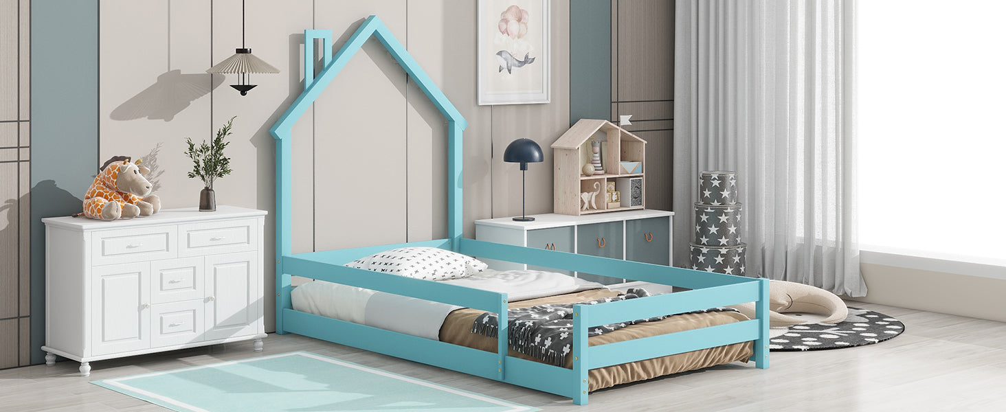 Twin Size Wood bed with House-shaped Headboard Floor bed with Fences,Light Blue