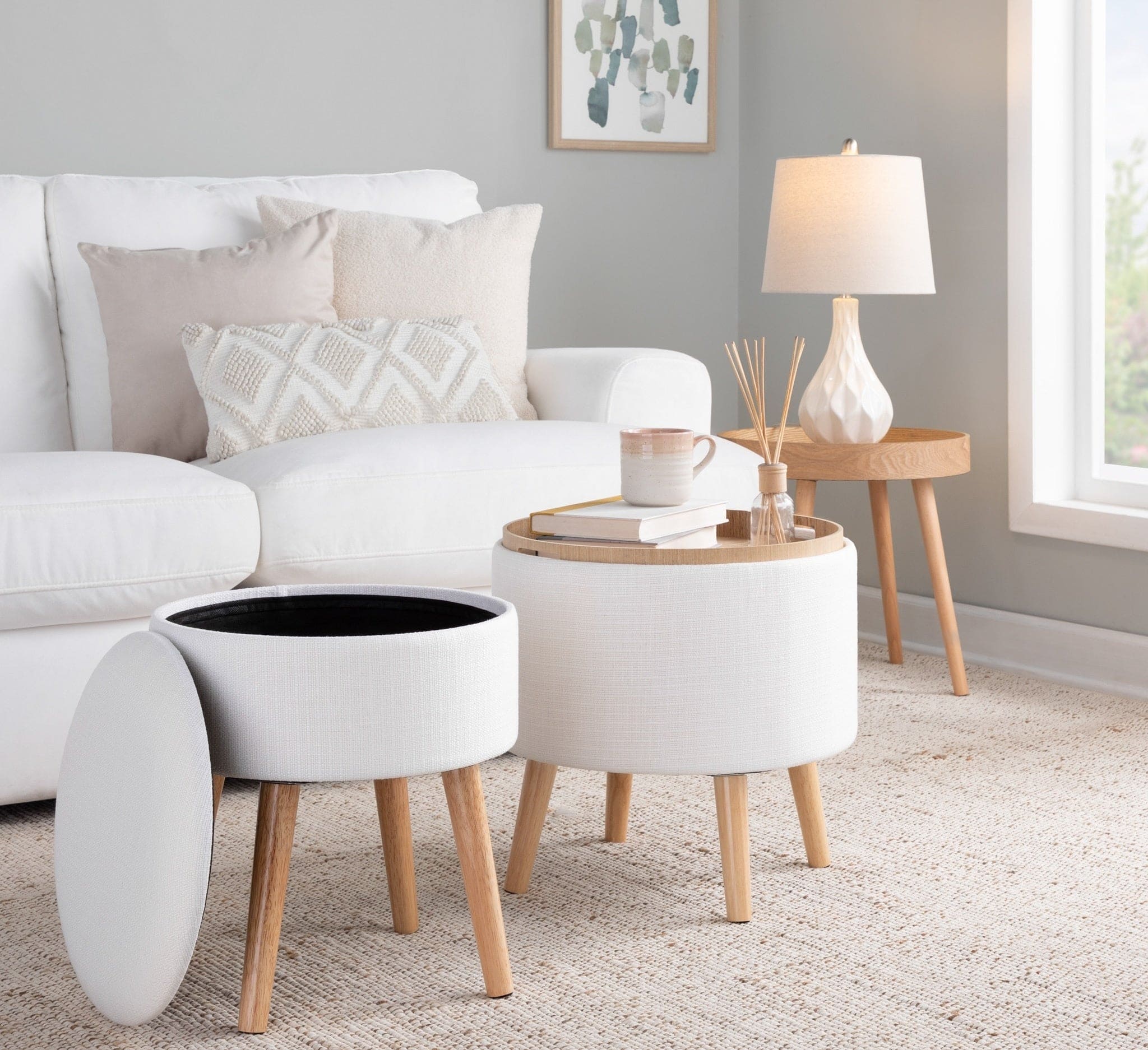 Tray Contemporary Storage Ottoman with Matching Stool in Cream Fabric and Natural Wood Legs by LumiSource