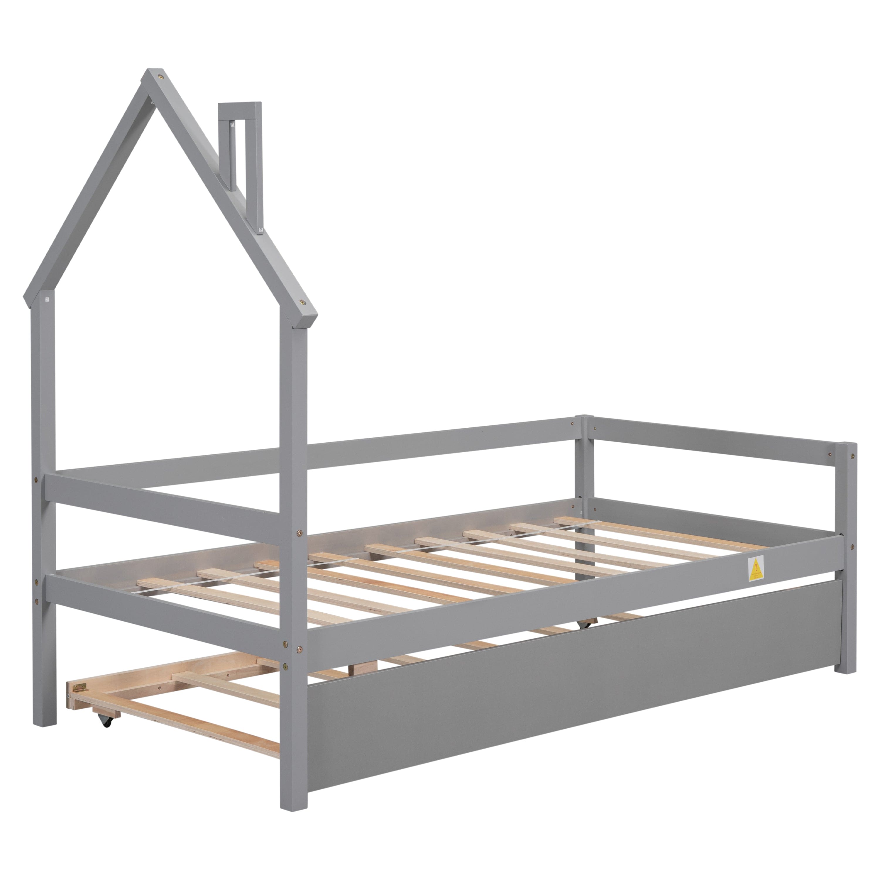 Twin Wooden Daybed with trundle, Twin House-Shaped Headboard  bed with Guardrails,Grey