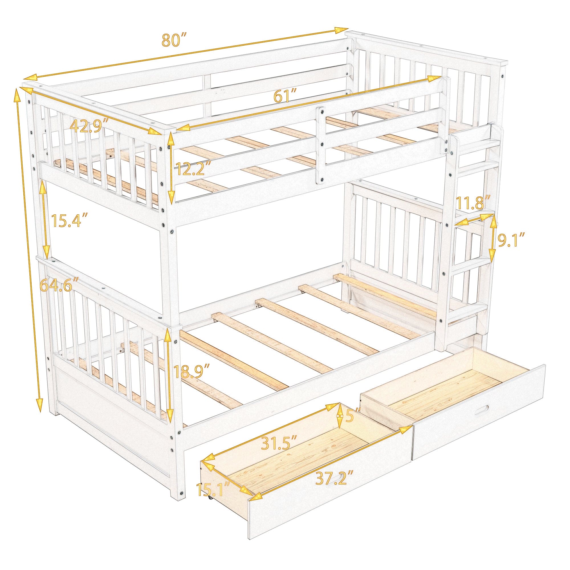 Twin-Over-Twin Bunk Bed with Ladders and Two Storage Drawers (White)(OLD SKU:LT000265AAK)