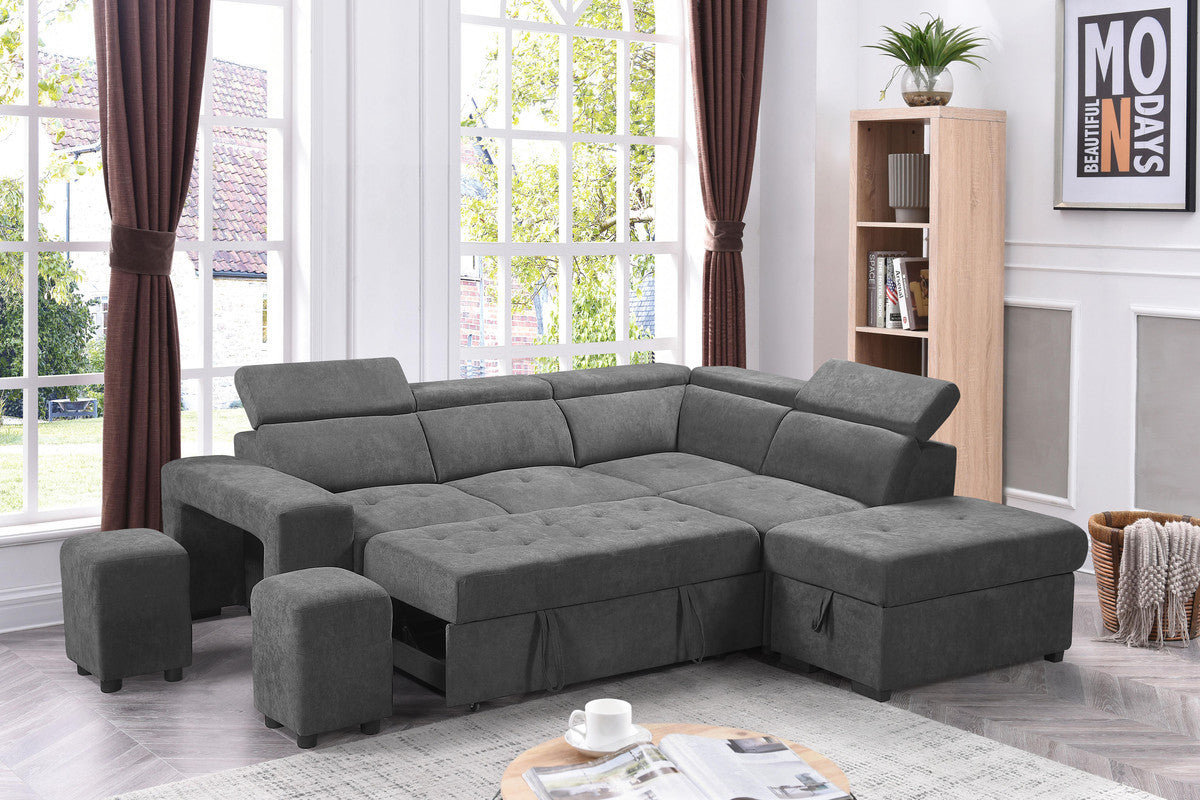 Henrik Light Gray Sleeper Sectional Sofa with Storage Ottoman and 2 Stools