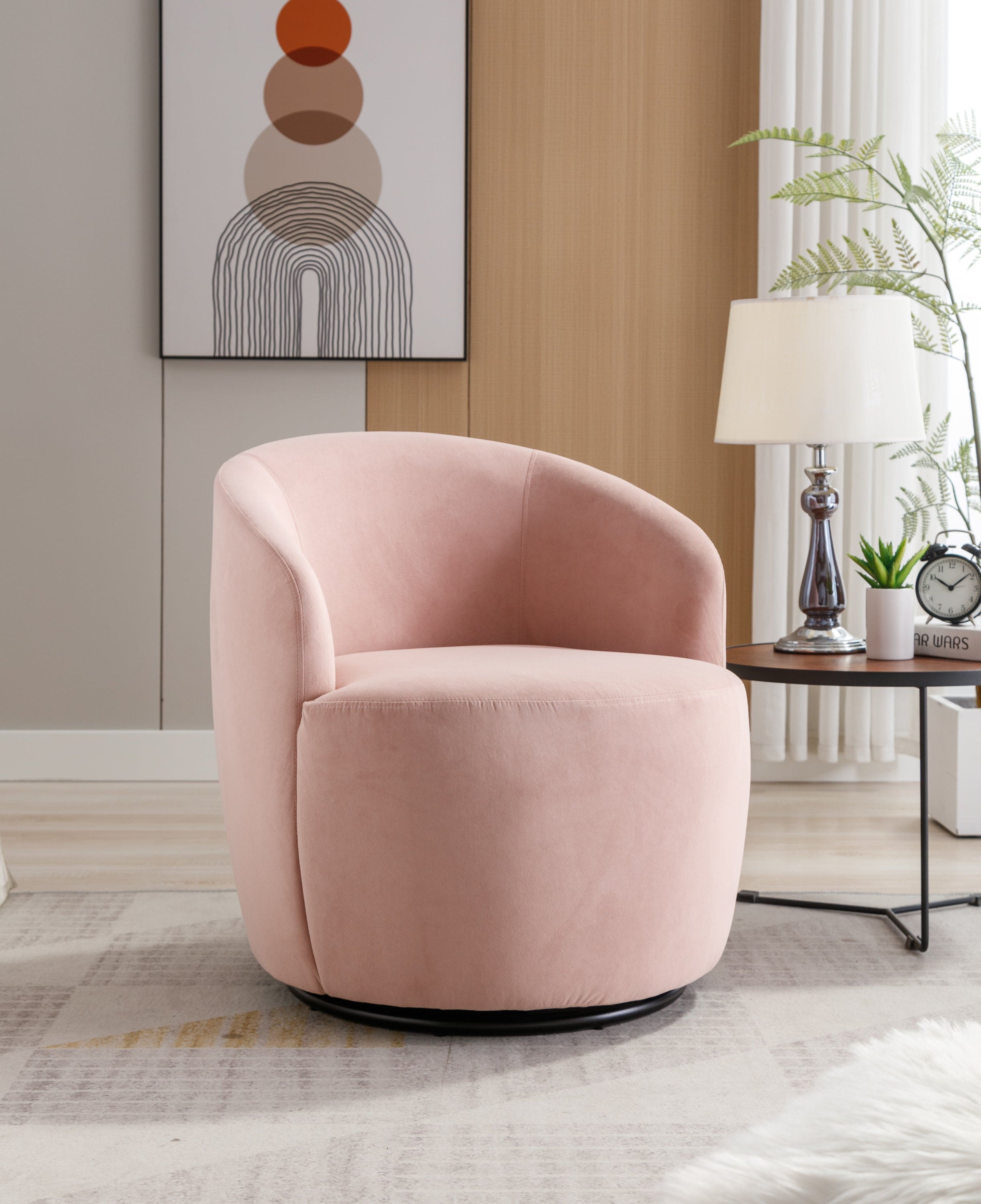 Velvet Fabric Swivel Accent Armchair Barrel Chair With Black Powder Coating Metal Ring,Pink