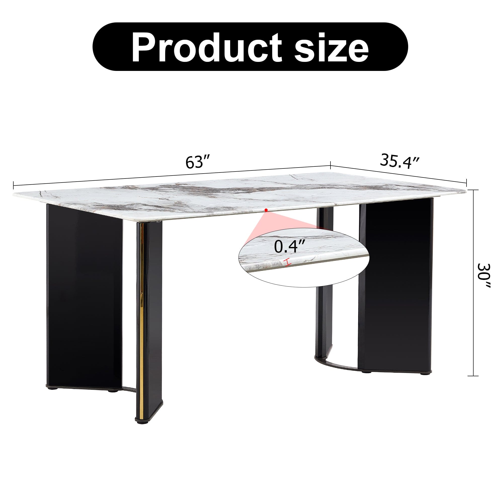 Table and chair set. A white imitation marble desktop with MDF legs and gold metal decorative strips. Paired with 4 dining chairs with white backrest and black metal legs.F-HH C-1162