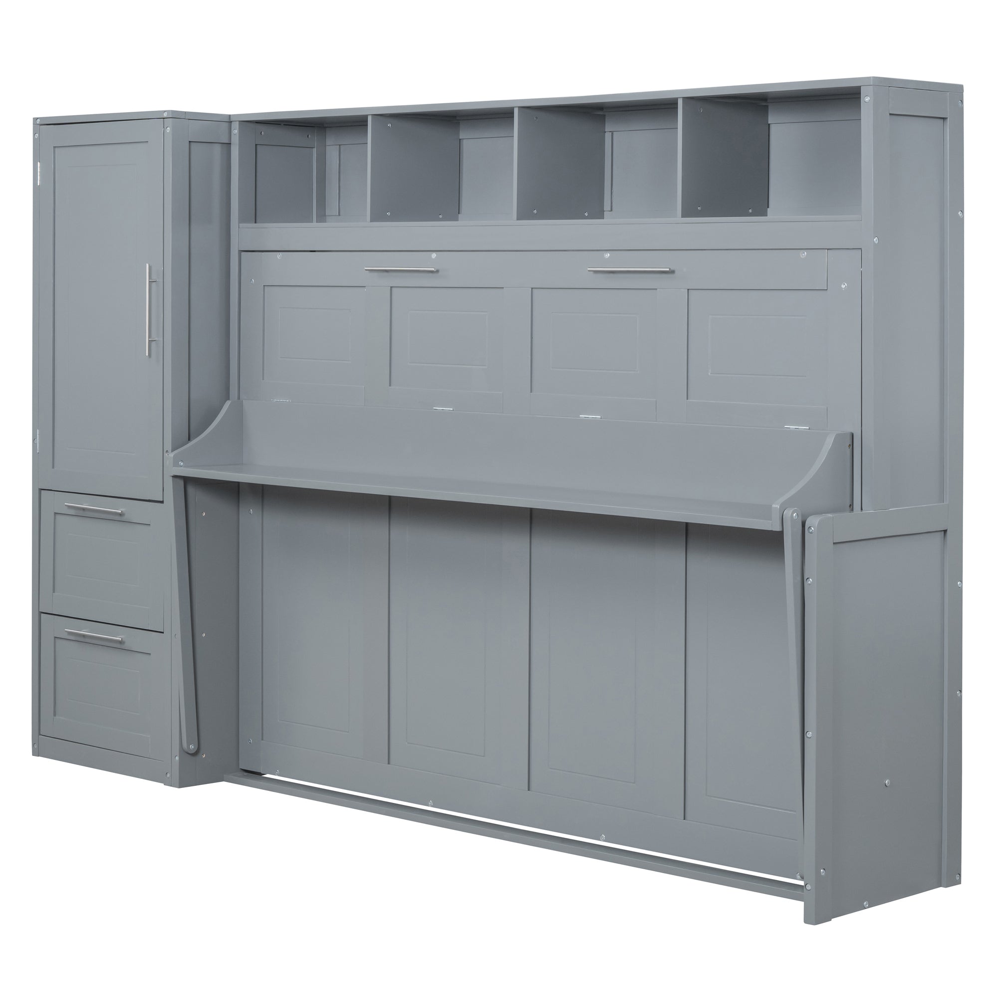 Full Size Murphy Bed Wall Bed with Closet and Drawers,Gray