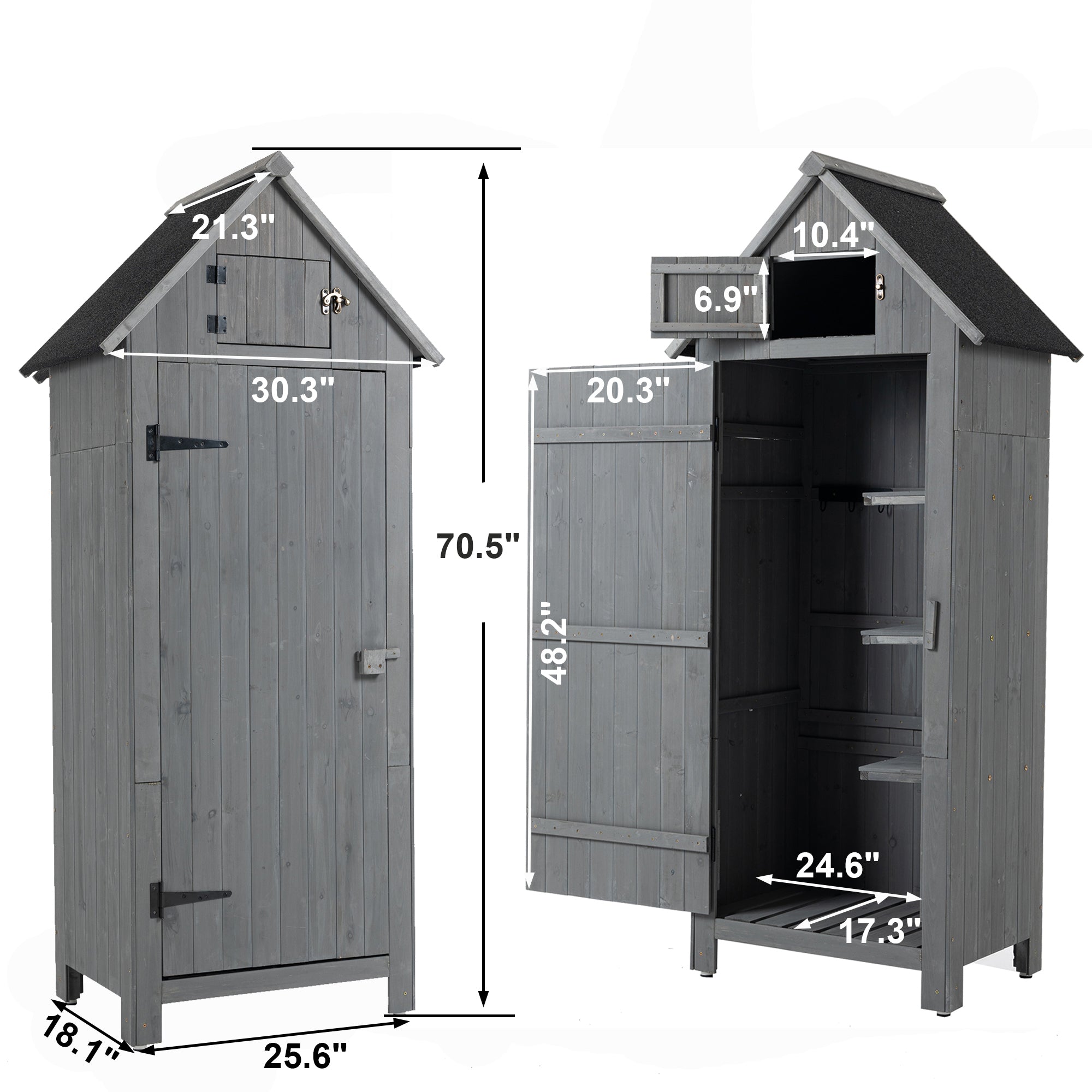 30.3"L X 21.3"W X 70.5"H Outdoor Storage Cabinet Tool Shed Wooden Garden Shed  Gray