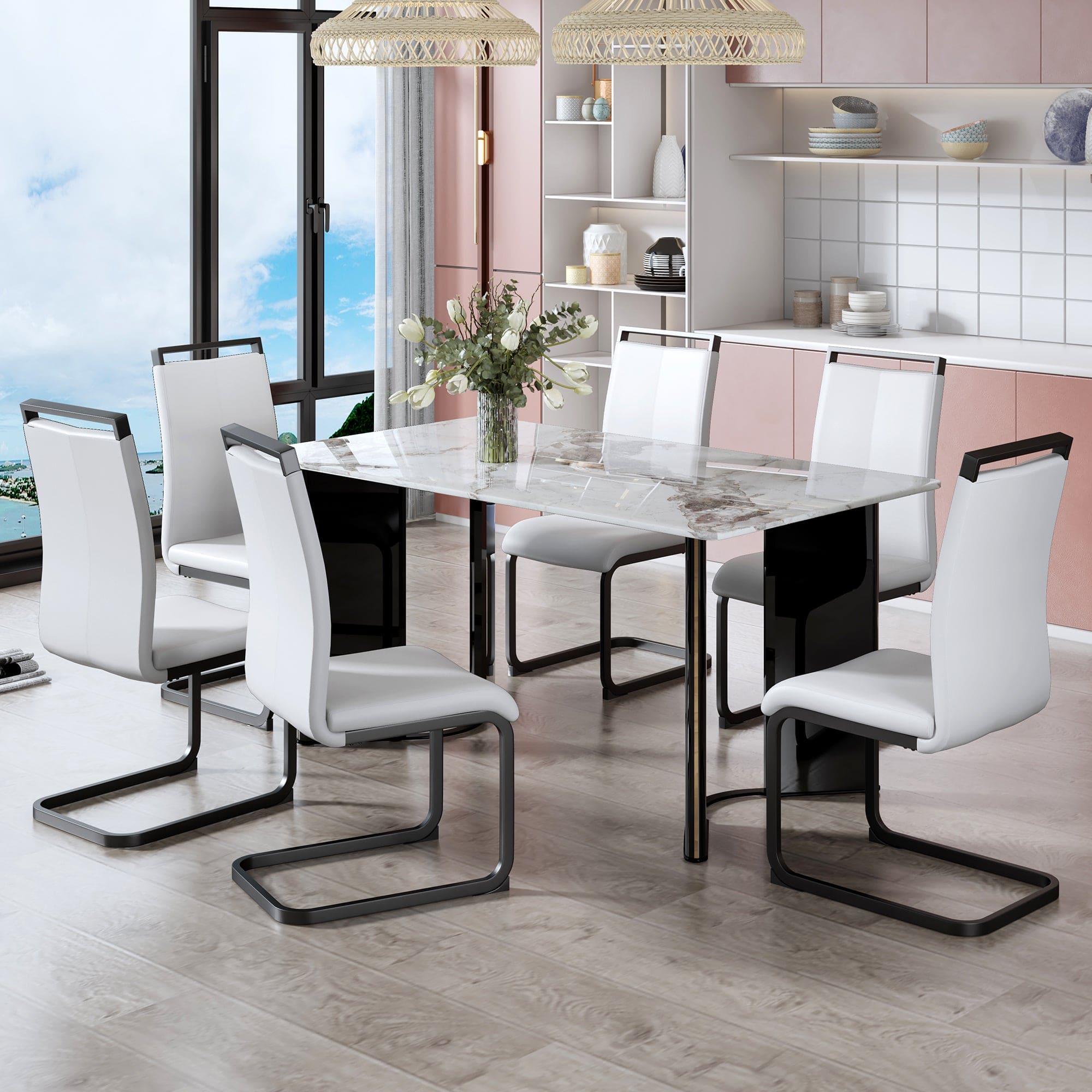 Table and chair set. A white imitation marble desktop with MDF legs and gold metal decorative strips. Paired with 4 dining chairs with white backrest and black metal legs.F-HH C-1162