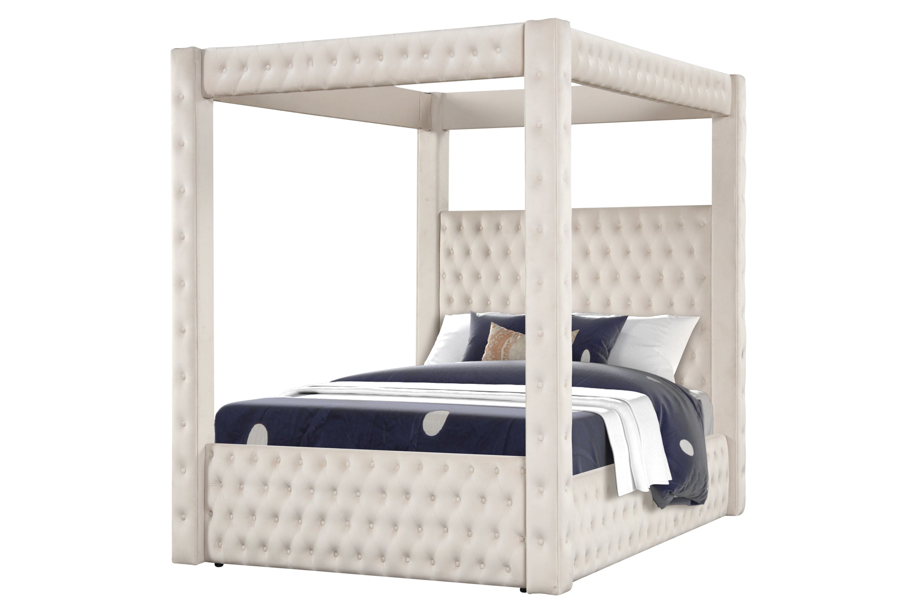 Monica luxurious Four-Poster King Bed Made with Wood in Cream