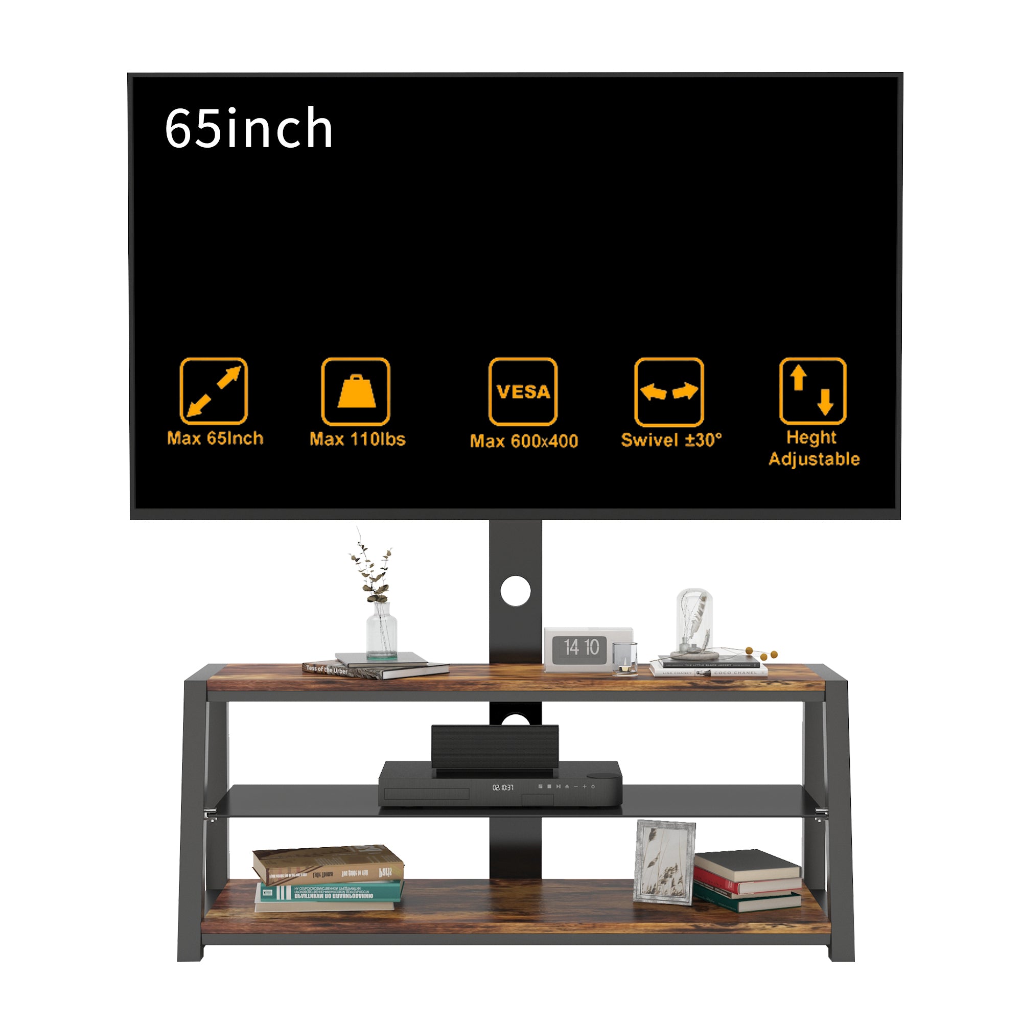 Wooden Storage Tv Stand Black Tempered Glass Height Adjustable Universal Swivel Entertainment Center With Mount TV Stand