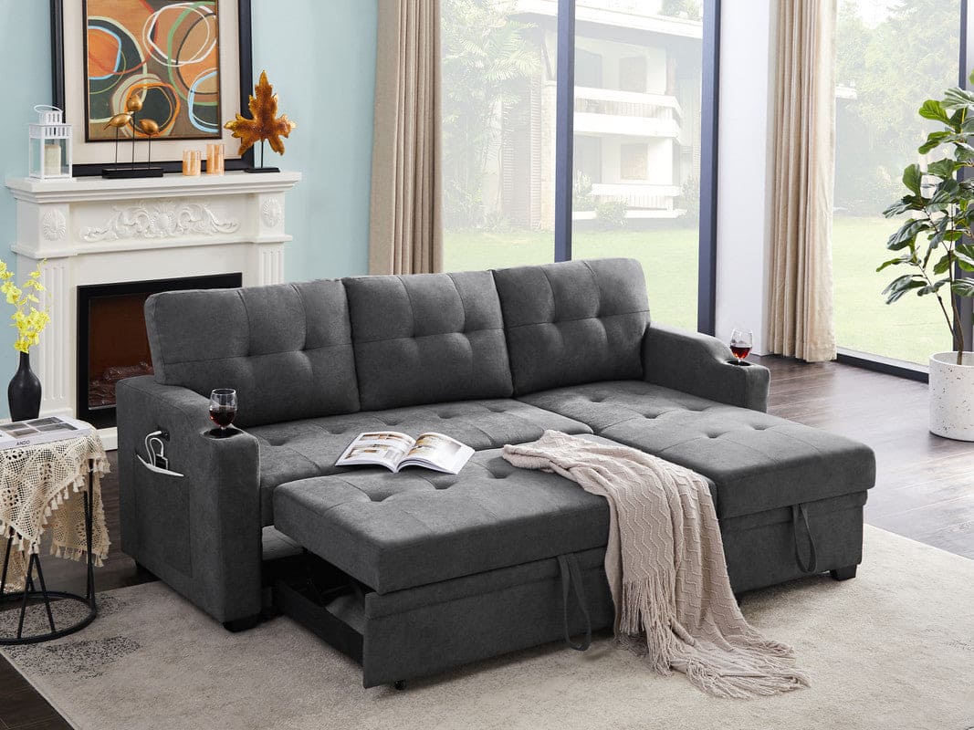 Mabel Dark Gray Woven Fabric Sleeper Sectional with cupholder, USB charging port and pocket