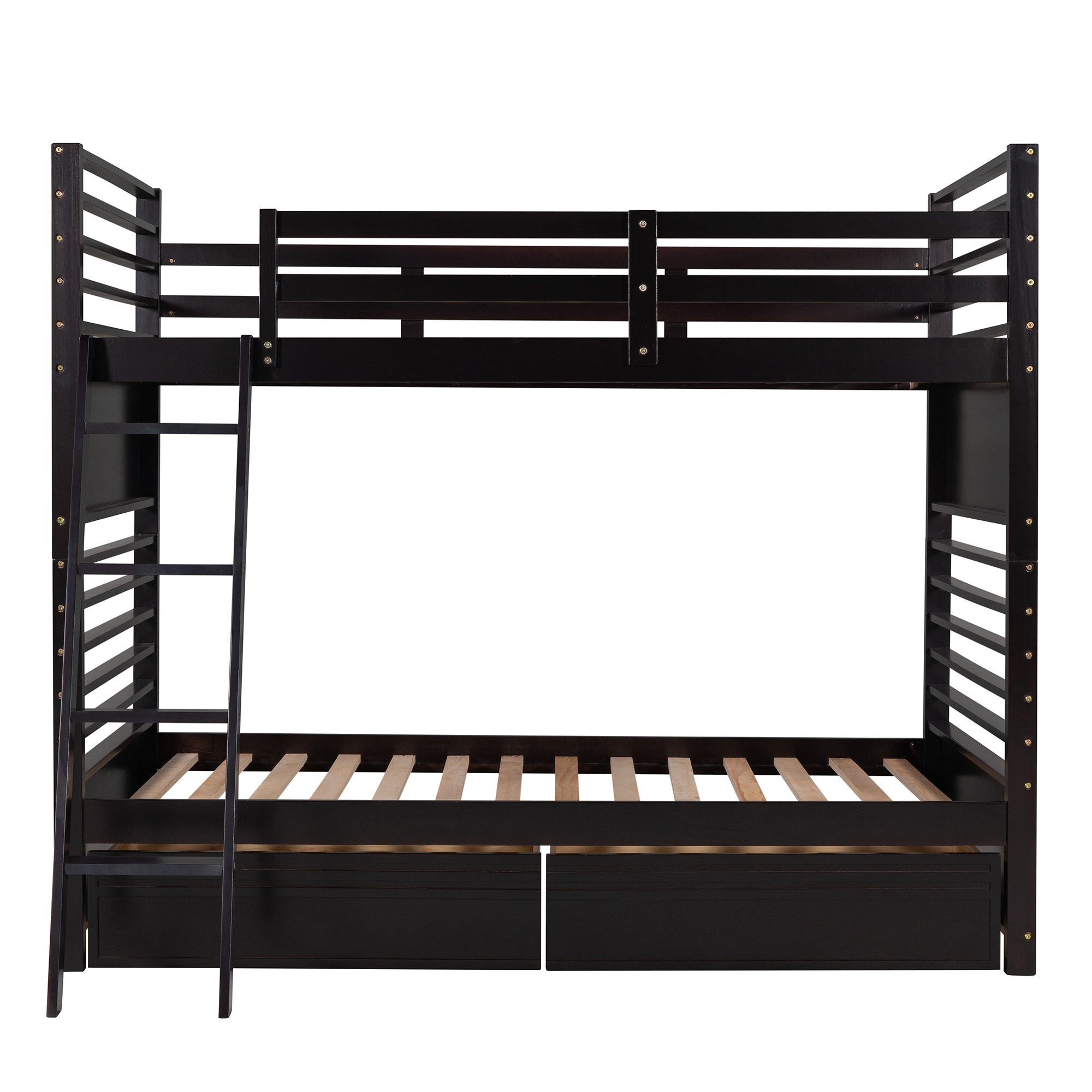 Twin over Twin Wood Bunk Bed with Two Drawers - Espresso·