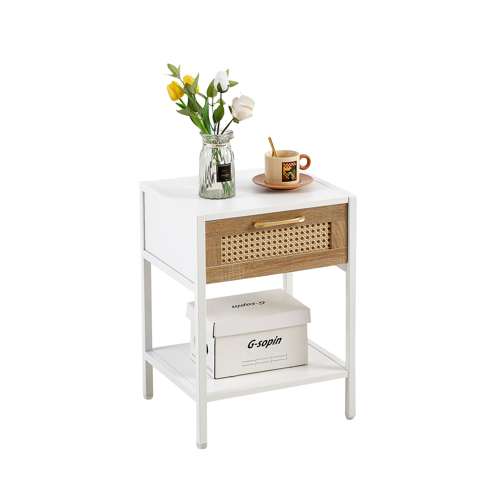 15.74" Rattan End table with  drawer, Modern nightstand, metal legs,side table for living room, bedroom,white(1 pc)