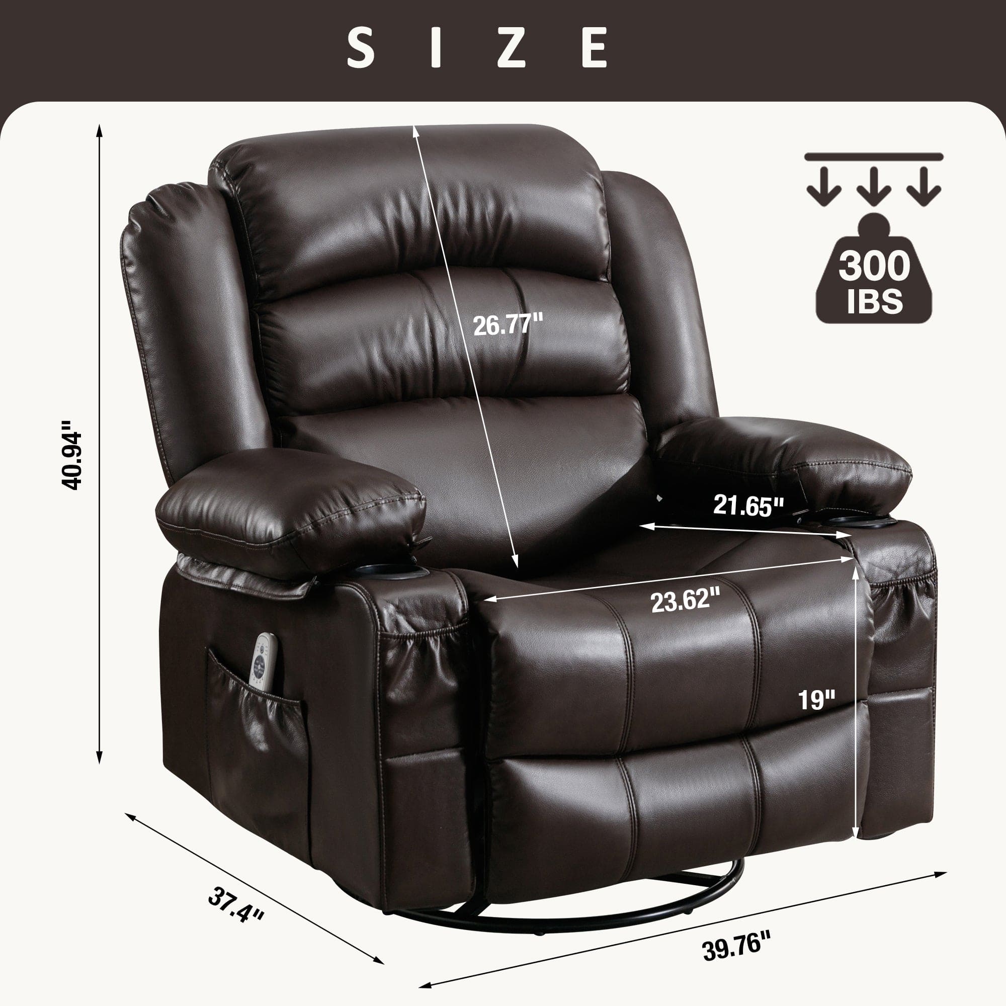 Massage Swivel Rocker Recliner Chair with Vibration Massage and Heat Ergonomic Lounge Chair for Living Room with Rocking Function and Side Pocket   2 Cup Holders USB Charge Port ,BROWN