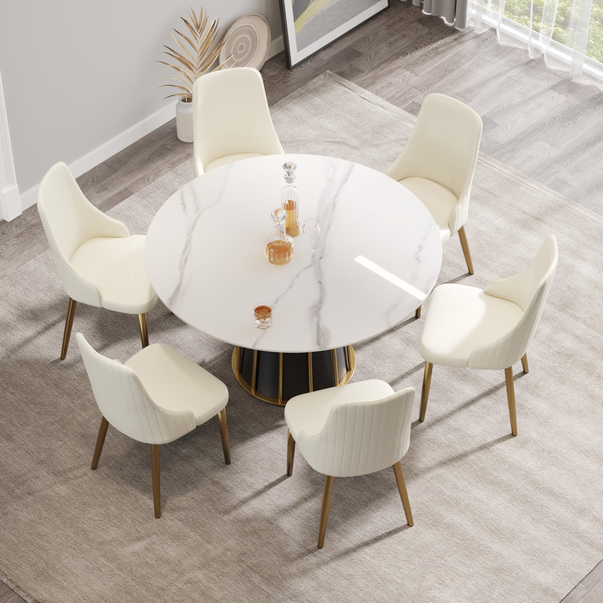 53.15"modern artificial stone round white panel metal iron base dining table-can accommodate 6 people.(Not including chairs)