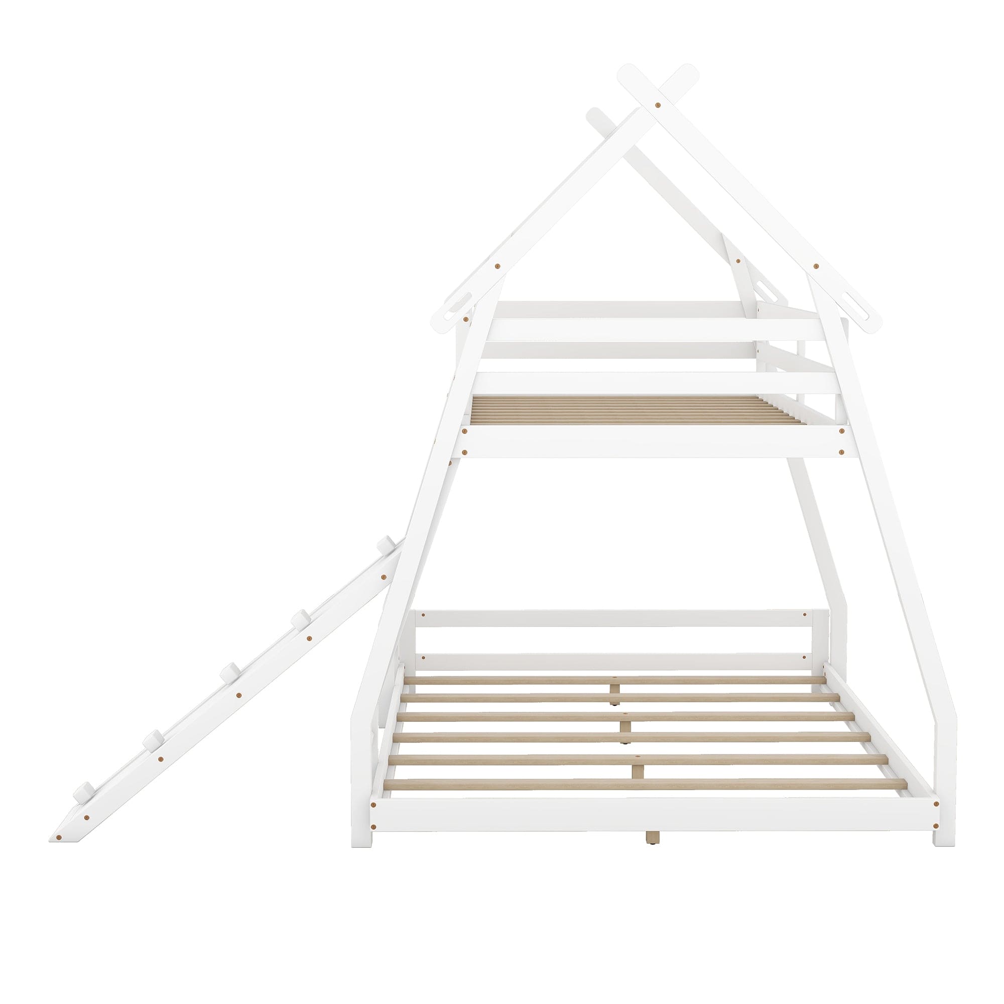 Twin over Queen House Bunk Bed with Climbing Nets and Climbing Ramp, White