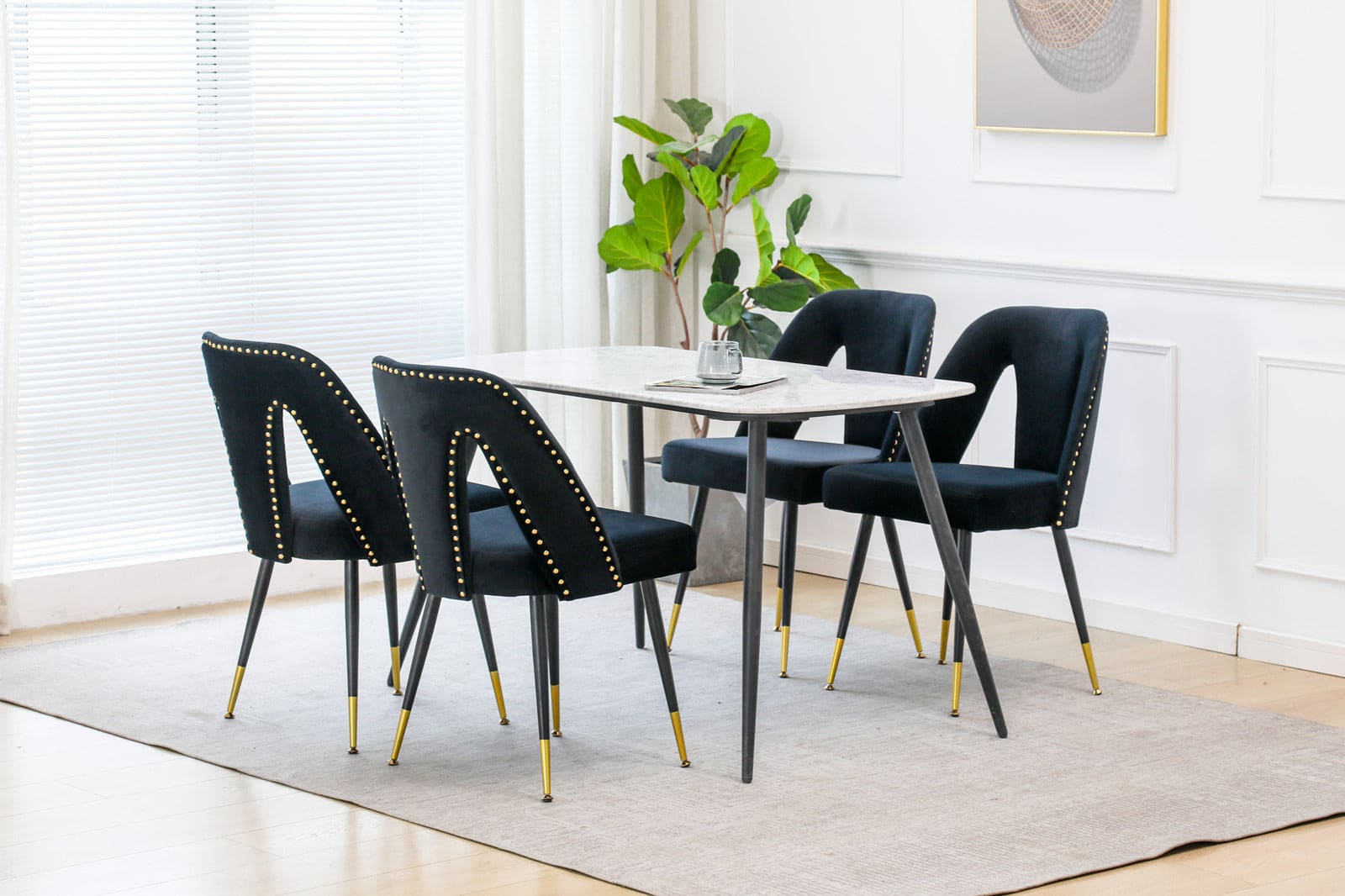 A&A Furniture,Akoya Collection Modern Contemporary Velvet Upholstered Dining Chair with Nailheads and Gold Tipped Black Metal Legs,Black,Set of 2