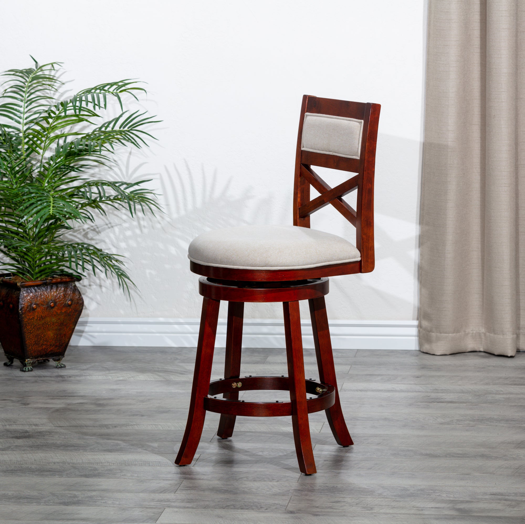 24" Counter Height X-Back Swivel Stool, Cherry Finish, Beige Fabric Seat