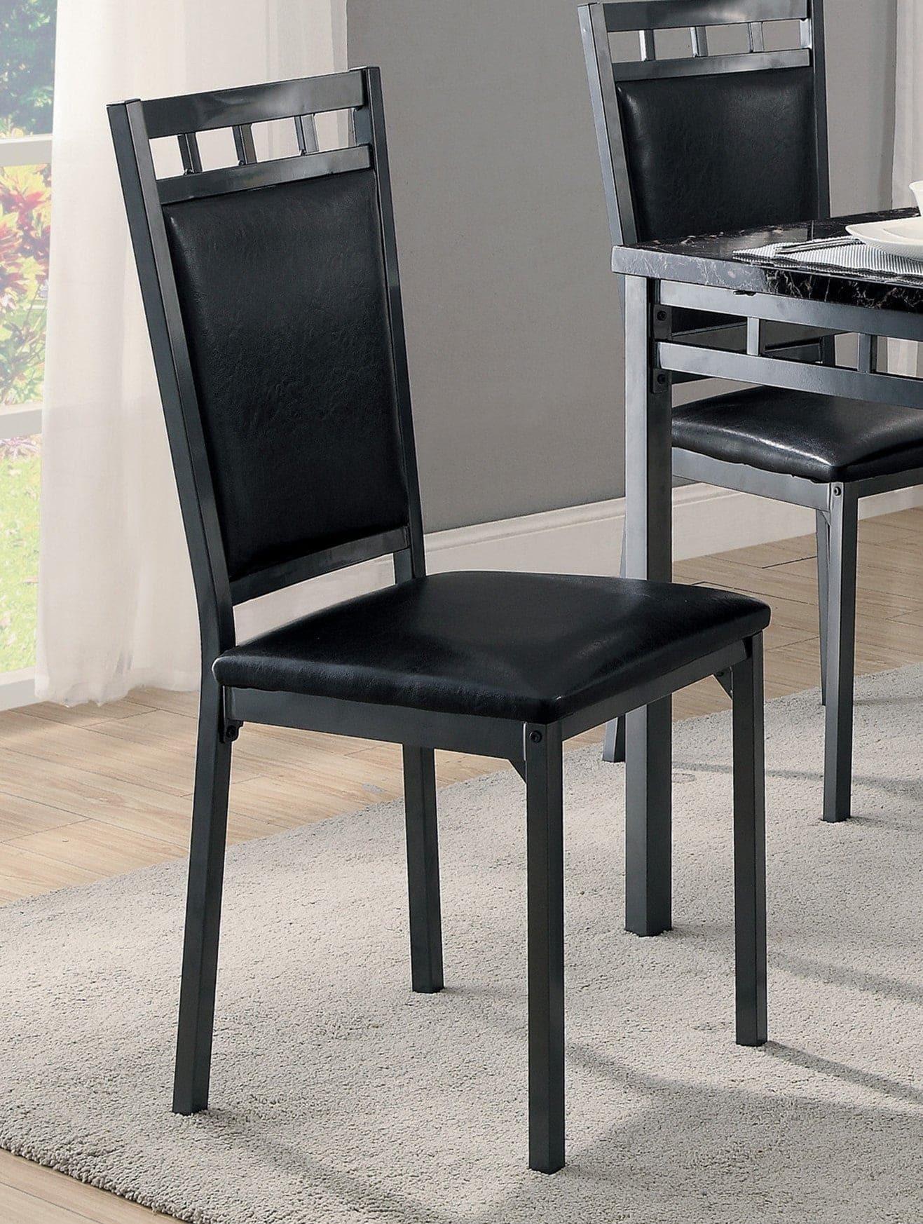 Black Finish 5pc Dinette Set Faux Marble Top Table and 4x Side Chairs Faux Leather Upholstered Metal Frame Casual Dining Room Furniture