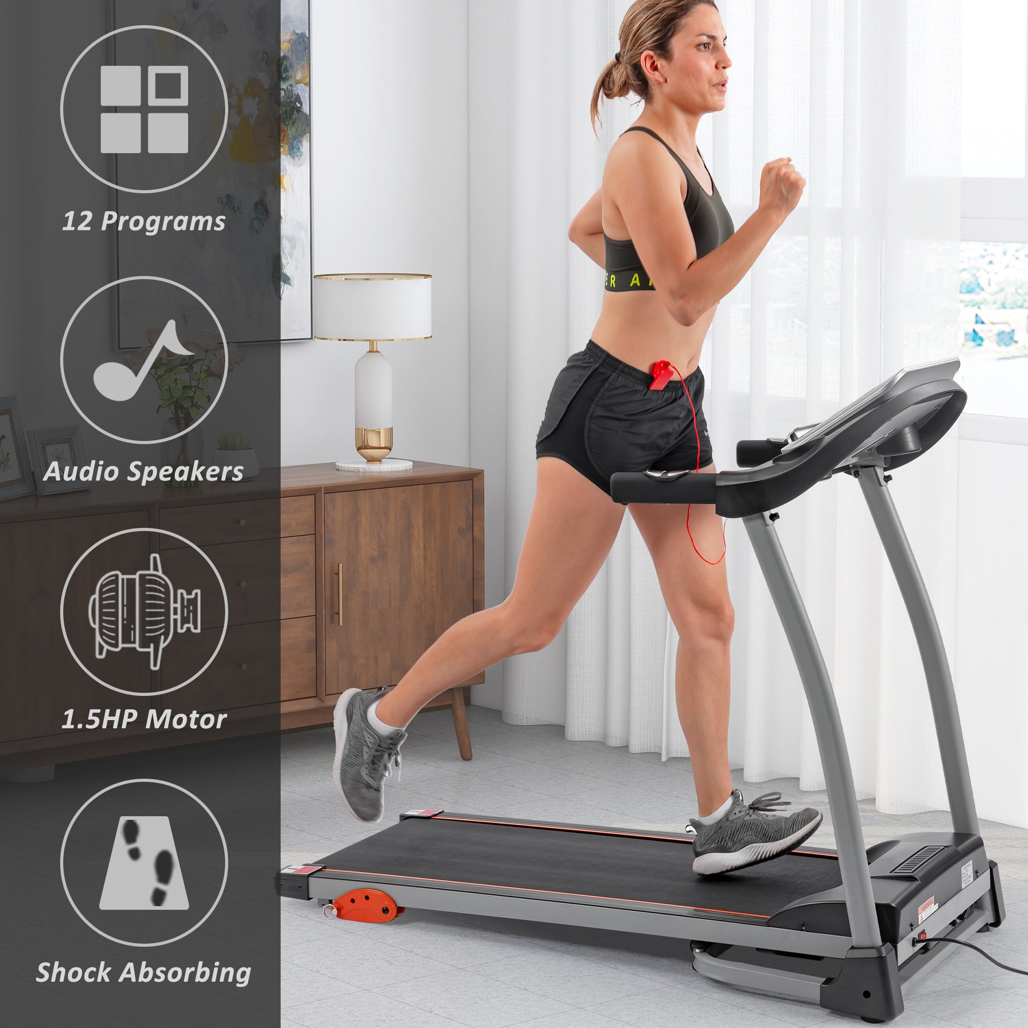 Easy Folding Treadmill for Home Use, 1.5HP Electric Running, Jogging & Walking Machine with Device Holder & Pulse Sensor, 3-Level Incline Adjustable Compact Foldable