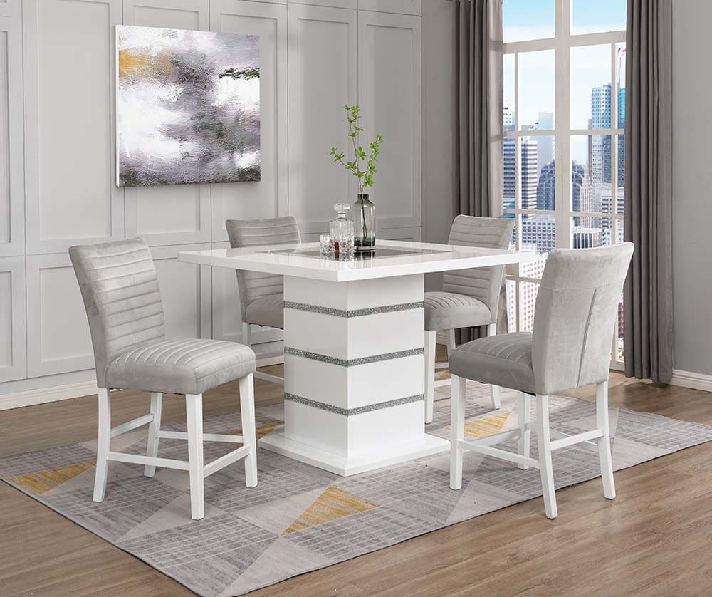 ACME Elizaveta Counter Height Table, Gray Velvet, Faux Crystal Diamonds &White  High Gloss Finish DN00817