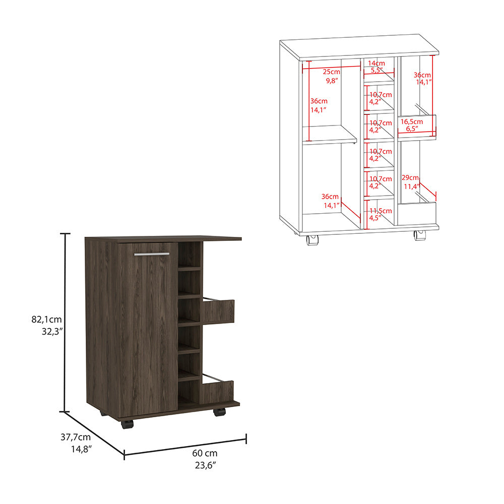 Bar Cart Wells, Four Casters, Dark Walnut Finish