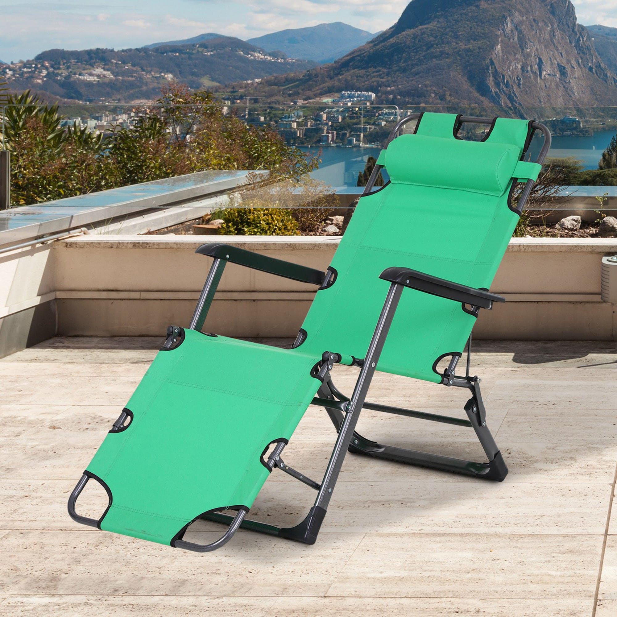 Outsunny Tanning Chair, 2-in-1 Beach Lounge Chair & Camping Chair w/ Pillow & Pocket, Adjustable Chaise for Sunbathing Outside, Patio, Poolside, Green