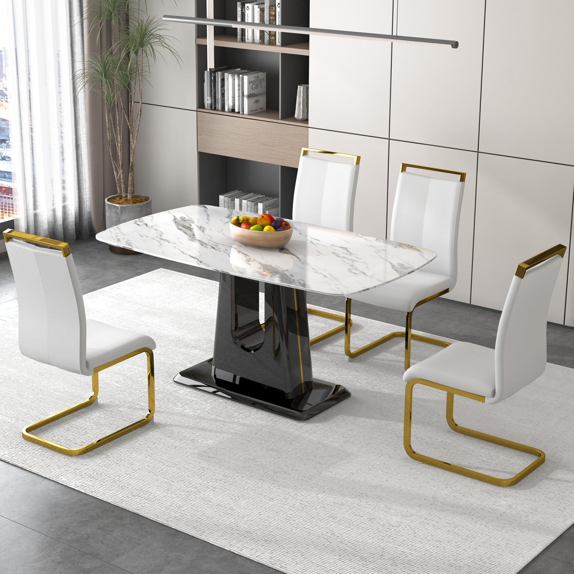 1 table and 4 chairs. Modern, simple and luxurious white imitation marble rectangular dining table and desk with 4 white PU gold plated leg chairs 63'' x 35.4'' X 30''