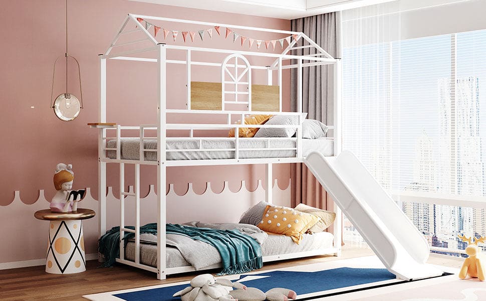 Twin Over Twin Metal Bunk Bed ,Metal Housebed With Slide,Three Colors Available.(White with White  Slide)(OLD SKU :LP000095AAK)