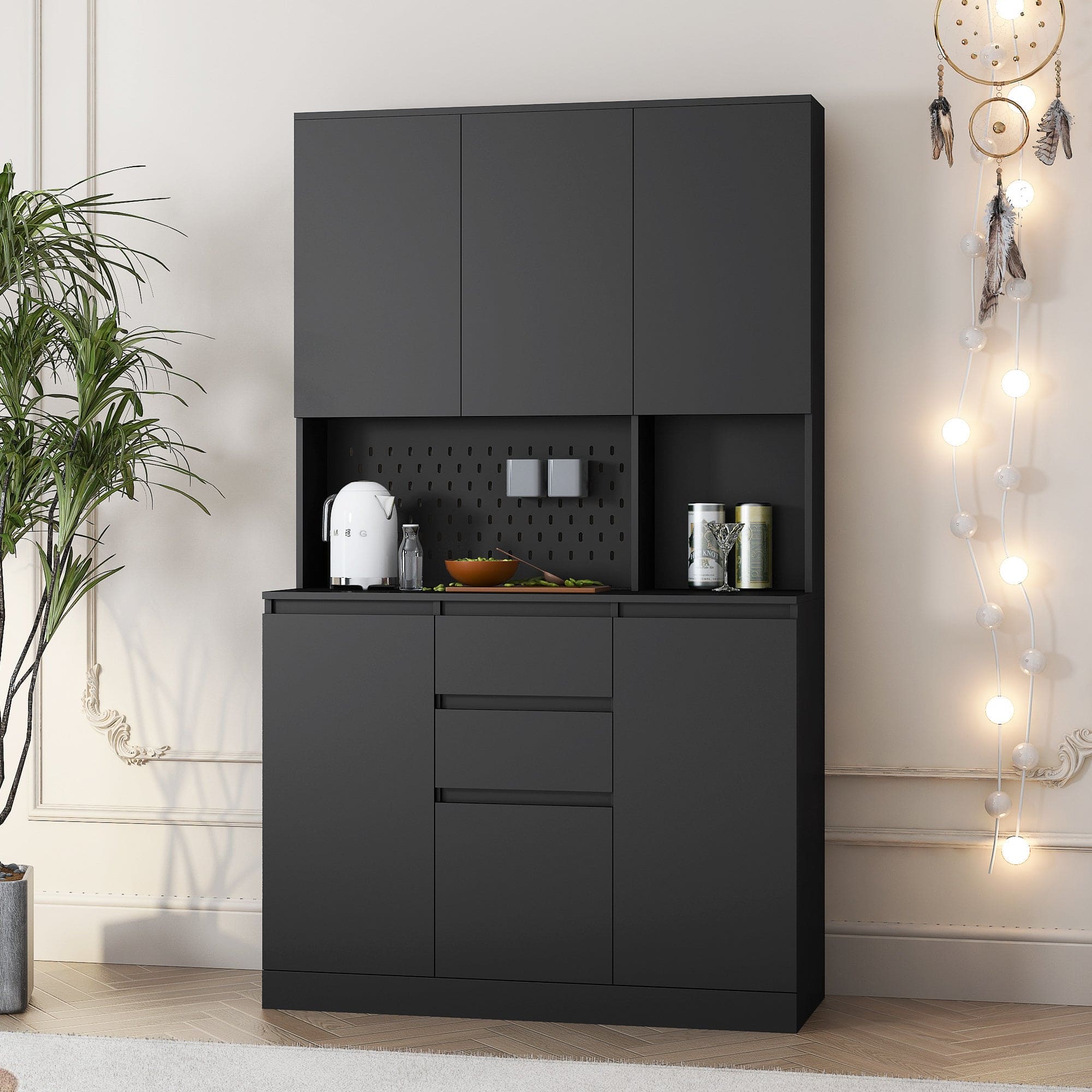 74" Freestanding Kitchen Pantry Cabinet Cupboard with 6 Doors,3 Shelves and 2 Drawer,Versatile Wardrobe & Kitchen Cabinet,Craft Storage Cabinet,Laundry Room Storage for Bedroom Kitchen (Black)